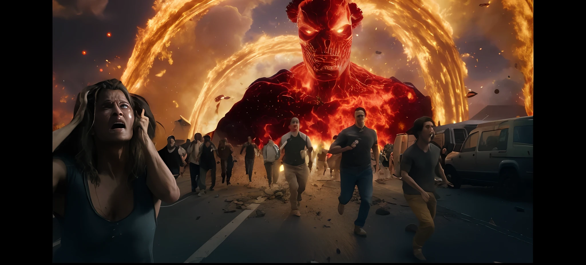 um grupo de pessoas caminhando por uma rua com um bombeiro gigante ao fundo, epic vfx shot, hyper - realistic vfx render, VFX rendering, cena vfx altamente detalhada, 8k vfx render, vfx action shot, Tiro VFX, CGI Efeitos Especiais, ainda de um filme live action, incredible vfx, Efeitos visuais impressionantes, VFX rendering hiperrealista, Filme VFX, inferno hiper-realista