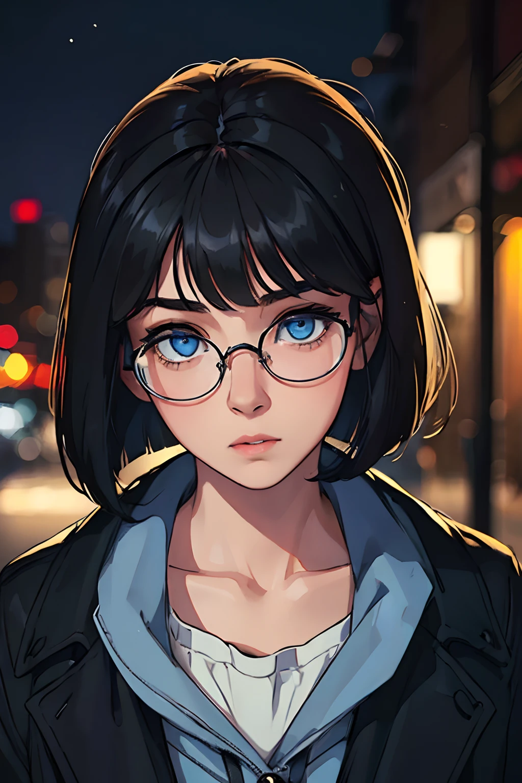 (best quality,realistic:1.37),(ultra-detailed),(HDR),a young girl ,black hair,medium bob with bangs,beautiful detailed blue eyes,round glasses,pale skin,city,night