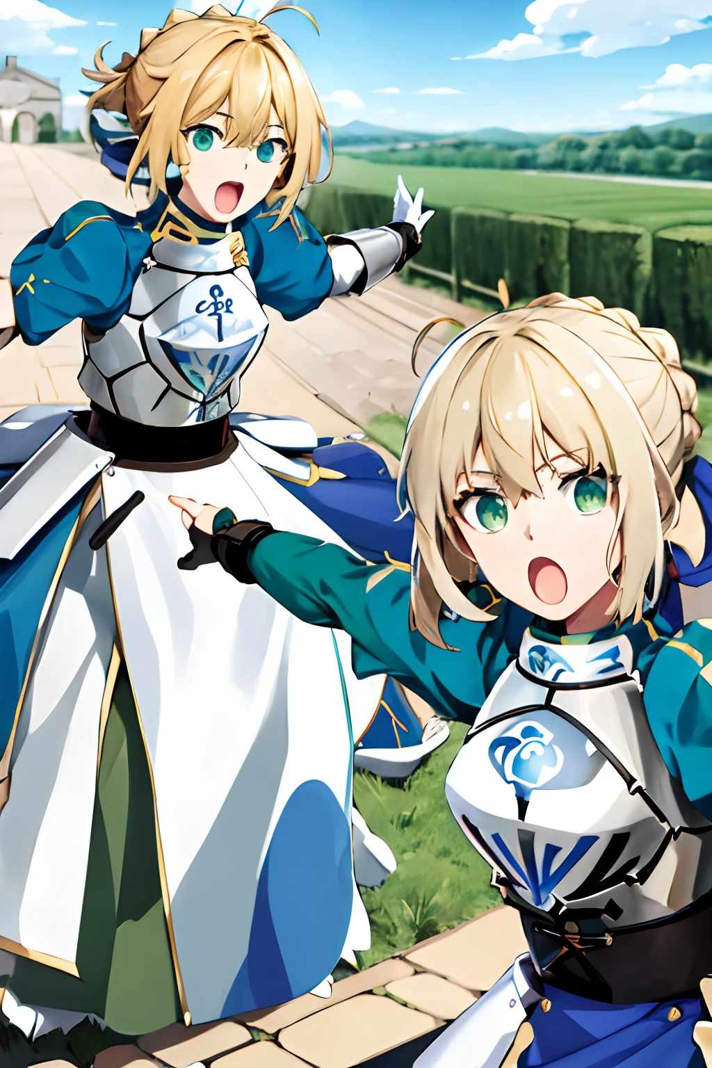 masterpiece, best quality, highres, aasaber, green eyes, ahoge, gauntlets, (((white background))), ((soyjaks)), open mouth, :o