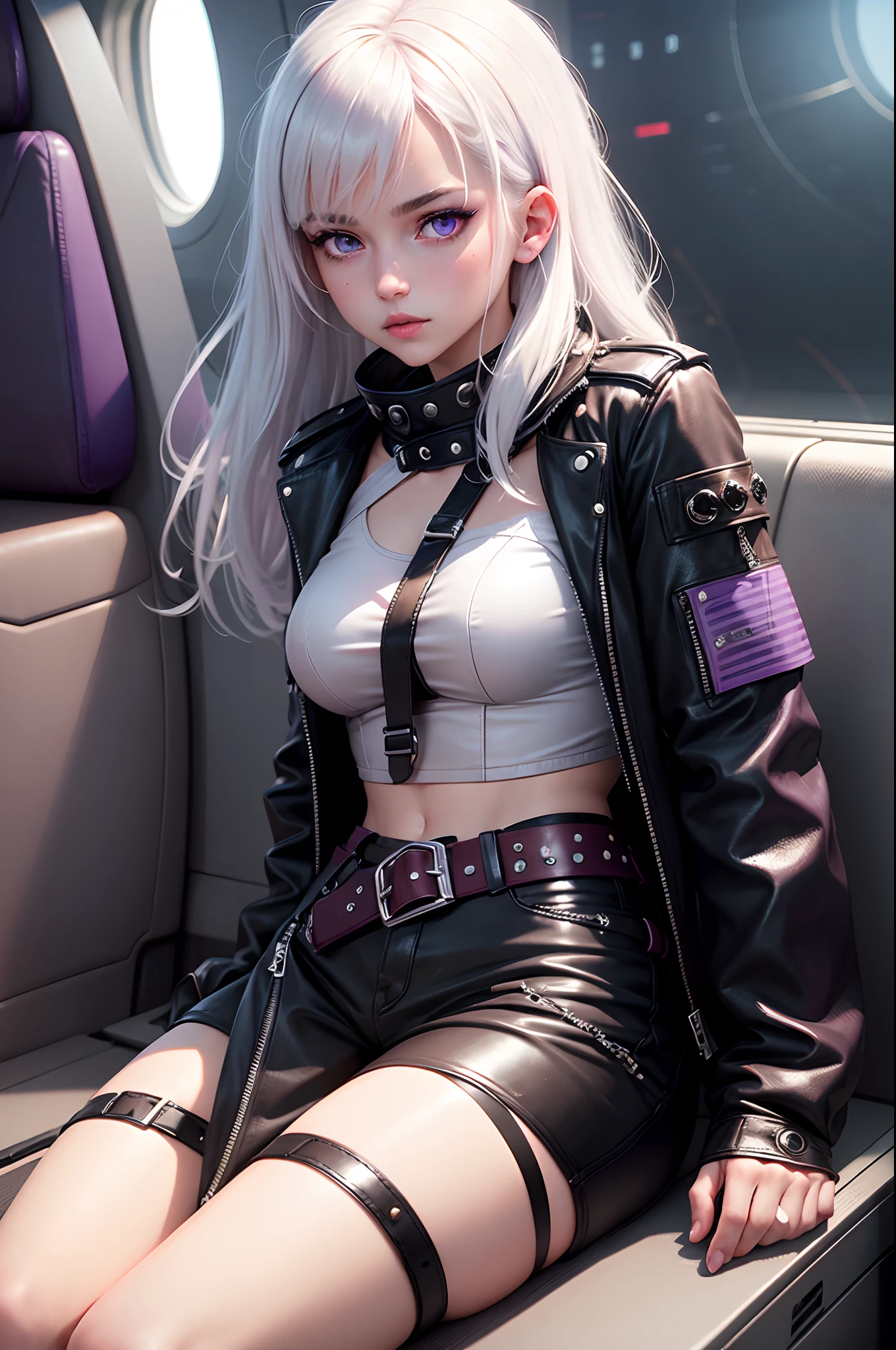 hyperrealistic, 1girl, 20 years old white hair, purple eyes, glowing eyes, cropped top, leather shorts, leather jacket, more than one rivet belts, parted lips, blush, night, sunlight, medium length hair, real, sitting in an airplane