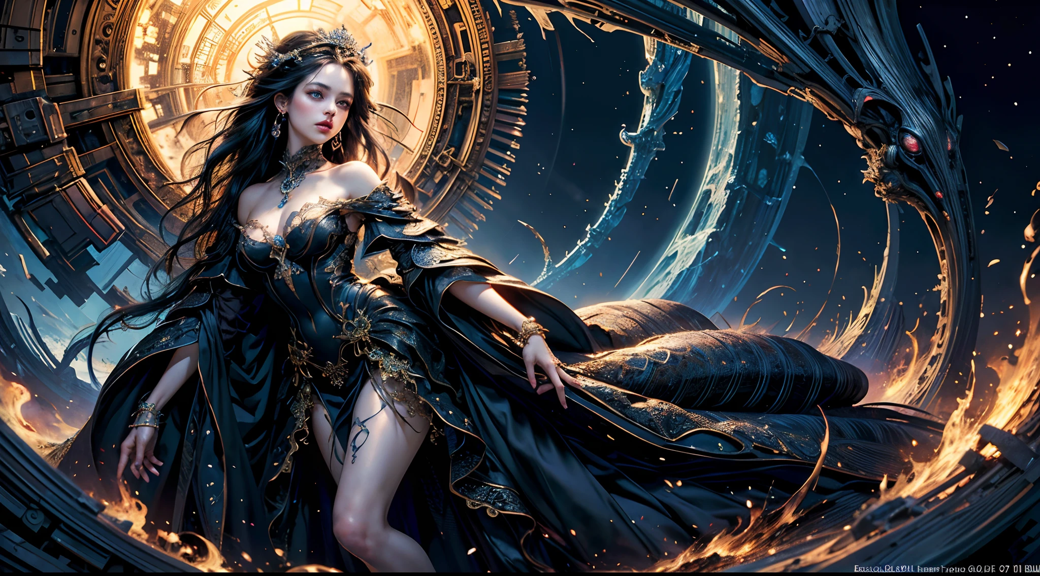 (masterpiece, top quality, best quality, official art, beautiful and aesthetic:1.2), (1girl), extreme detailed,(fractal art:1.3), highest detailed, black hair, blue eyes, pale skin, princess, elegant dress, silk dress, jewelry