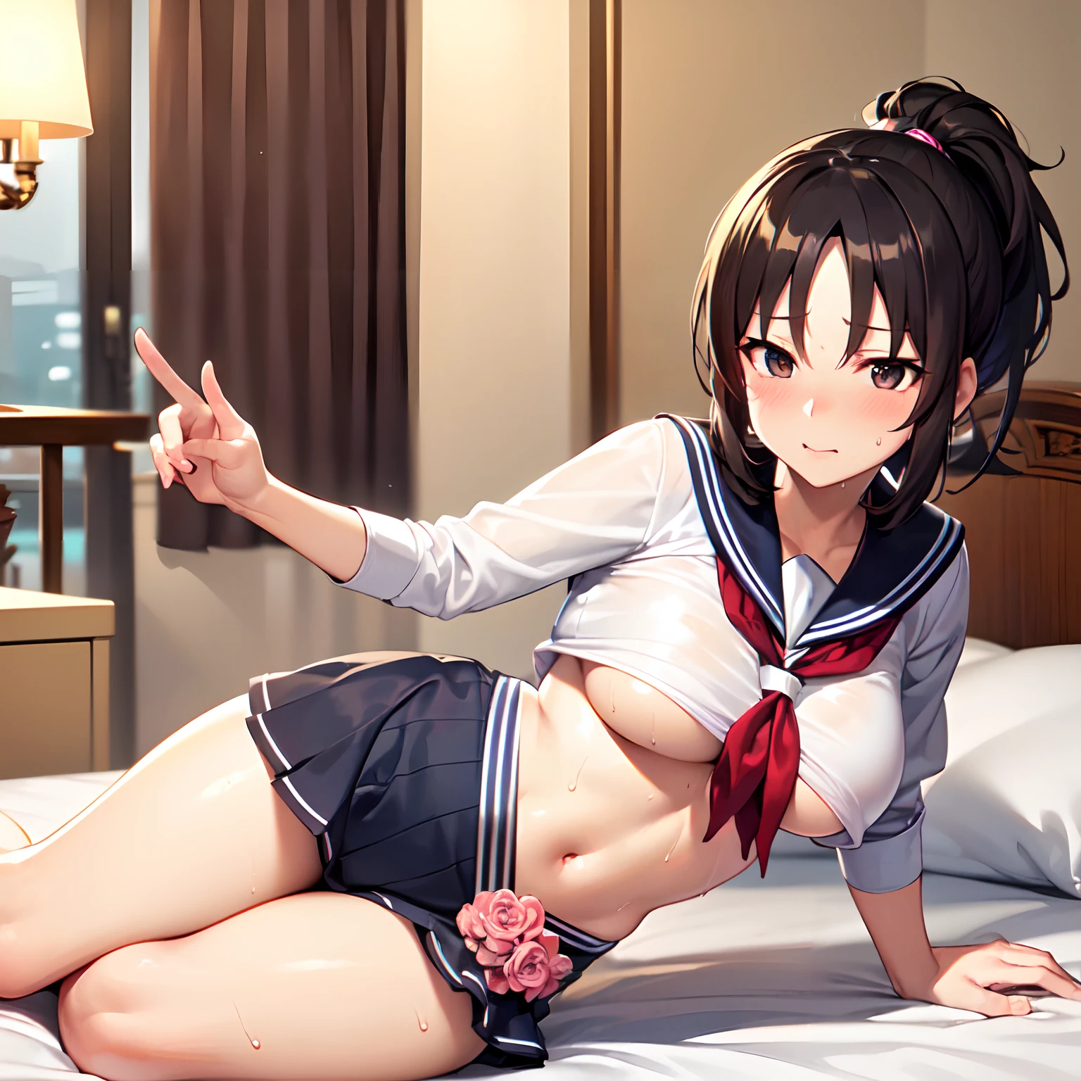 (Best Quality, High quality, masutepiece:1.2), (RealStick:1.3), beautiful detailed face and eyes, Elegant, Mature Woman, 35 year old, cute, Large breasts, Sporty figure, Ponytail, blushing,(sexy sailor uniform:1.1), underboob, Black hair, Black eyes, Perspective, at bedroom, Blushing face, hotel room, (sweat:1.1), full body