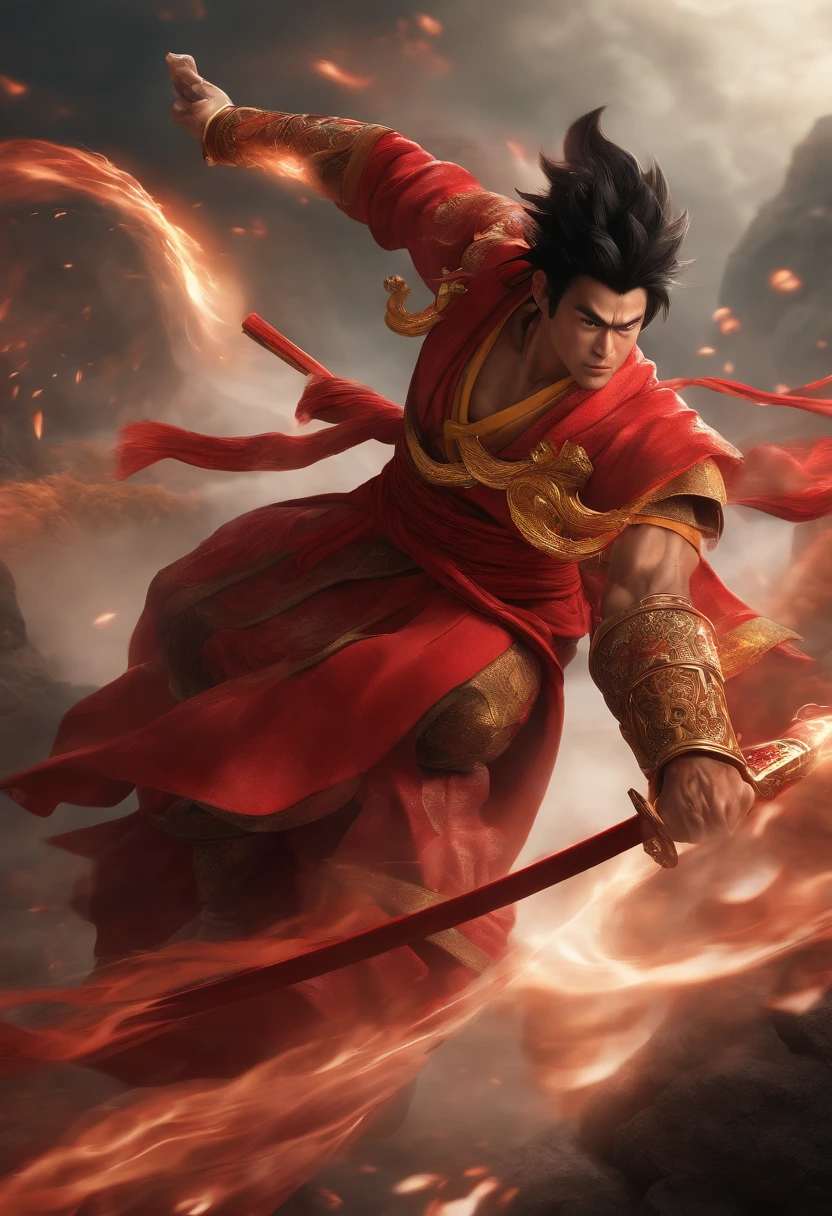 Goku as Chinese warrior in red robes, Dynasty warrior style, Elaborate and gorgeous CGI anime style, Luffy, 8K highly detailed digital effect fantasy, cgsociety 9, epic digital art illustration, and Mumford and Alex Gray style, Bio-luminescence