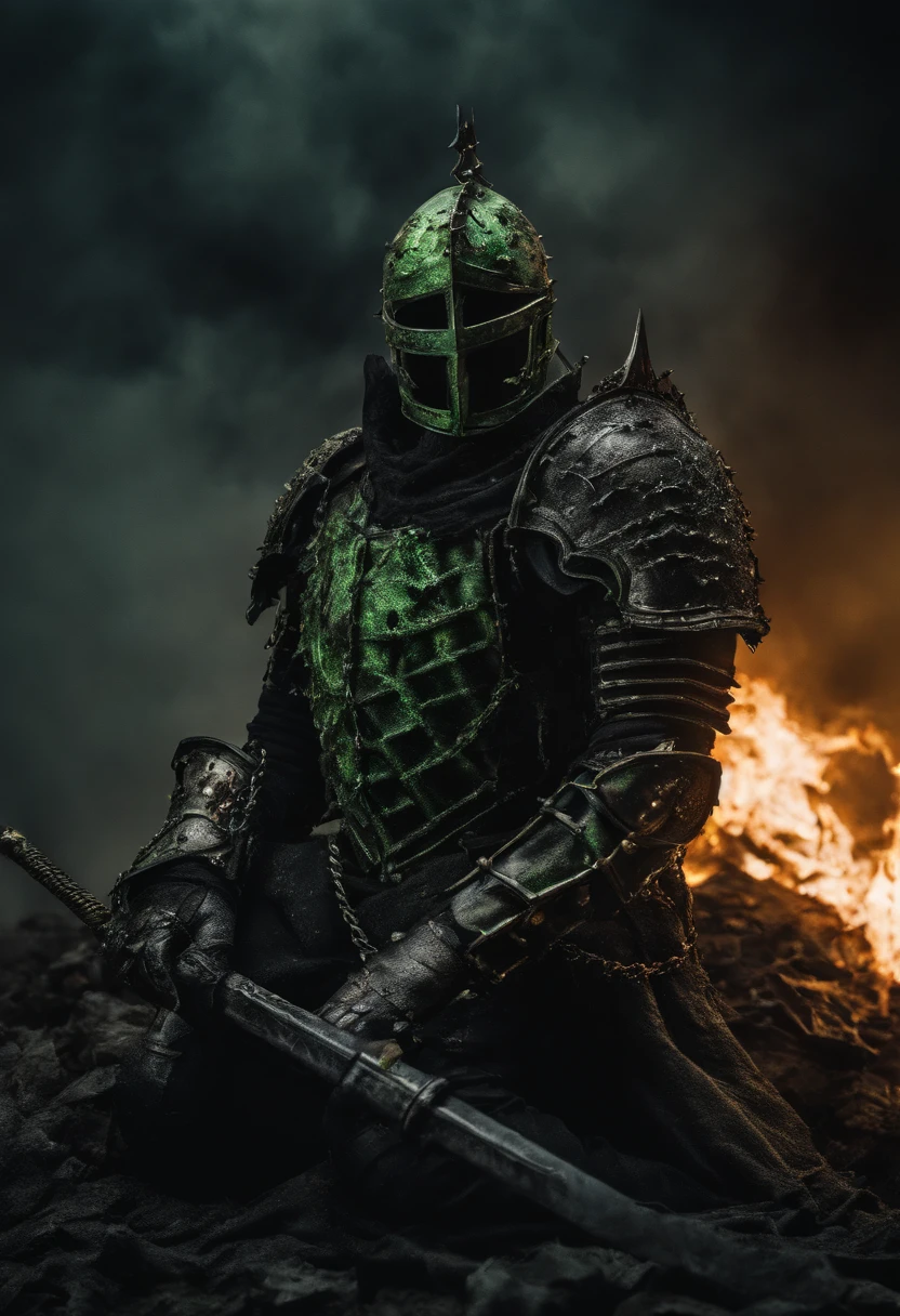 ((realistic: 1.5)),((best quality)), ((masterpiece)),((detailed)), medevil version of Spawn from Image comics, (((wearing full plate armour))), ((eyes glowing green)), ((Chains on fire in his hands)), armour has spikes, winner of the year's best photo, the world on fire, post-apocalyptic hellscape military photography, photo epic of the year, fire on the horizon, epic cinematic shot, pure form, intricate detail, 8k post-production, High resolution, super Detail, trending on ArtStation, sharp focus, studio photos, intricate detail, Very detailed, By Greg Rutkowski