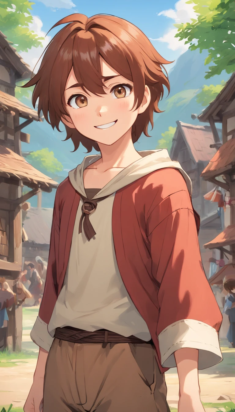 Conan Exiles style, one children (male) (), Tan skin, 1kid, top rated Pixiv, slim body, long sleeved shirt, brown pants, short wavy bright_red hair, short hair, different eyes (heterochromia), D&D character, Peasant boy, villager , Friendly Smile, heroic, face scars, slightly sloppy clothes, Medieval Style Clothing, Simple Clothing, Human, Cute Face, Young Face, Skill Picture, Villager Clothes, Mill Village, mischievous smile, playful air