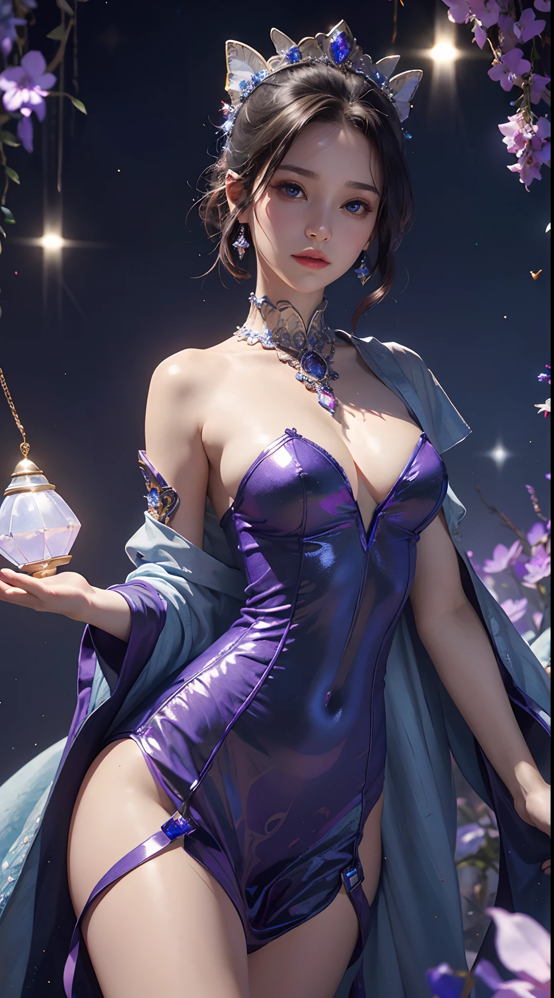 Masterpiece, one beautiful woman, detailed face, detailed eyes, detailed skin, detailed hands, top quality, front lit with bright lights, professional lighting, background slightly blurred, woman is a fortune teller, background is spiritual space, fantasy world, costume is blue, pink crystal in hand She is holding it,
