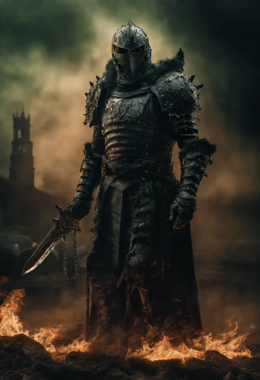 ((realistic: 1.5)),((best quality)), ((masterpiece)),((detailed)), medevil version of Spawn from Image comics, (((wearing full plate armour))), ((eyes glowing green)), ((Chains on fire in his hands)), armour has spikes, winner of the year's best photo, the world on fire, post-apocalyptic hellscape military photography, photo epic of the year, fire on the horizon, epic cinematic shot, pure form, intricate detail, 8k post-production, High resolution, super Detail, sharp focus, studio photos, intricate detail, Very detailed, By Greg Rutkowski