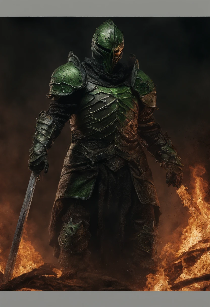 ((realistic: 1.5)),((best quality)), ((masterpiece)),((detailed)), medevil version of Spawn from Image comics, (((wearing full plate armour))), ((eyes glowing green)), ((Chains on fire in his hands)), armour has spikes, winner of the year's best photo, the world on fire, post-apocalyptic hellscape military photography, photo epic of the year, fire on the horizon, epic cinematic shot, pure form, intricate detail, 8k post-production, High resolution, super Detail, sharp focus, studio photos, intricate detail, Very detailed, By Greg Rutkowski