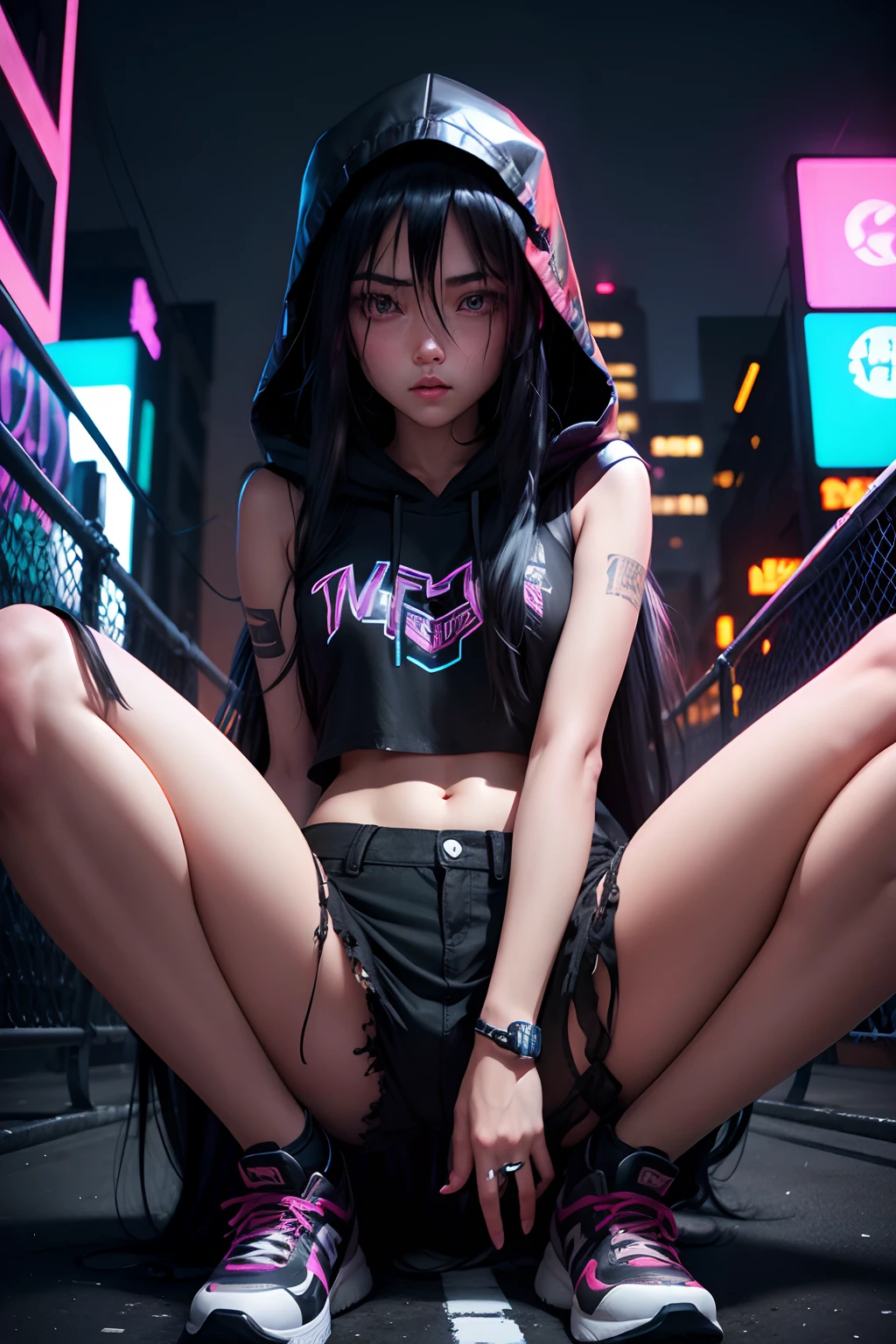 On the web Neon Street,one female,Long black hair,Black pupils,Broken hood,shorter pants,spread their legs
