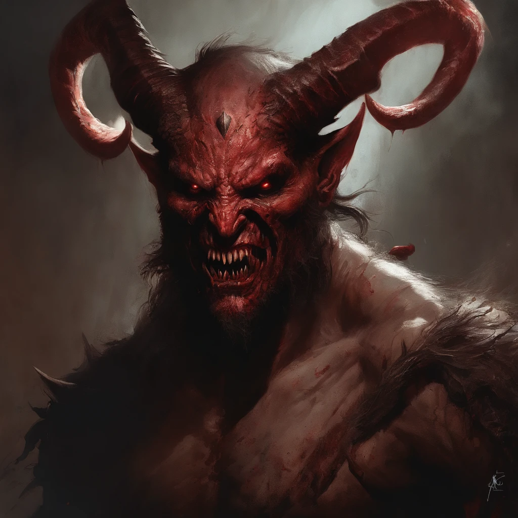 A painting of a horned devil man with a bloodied face and a bloodied head, grinning , carnage, Sci - Horror Art of Fiction, Science fiction horror artwork, inspired by Aleksi Briclot, satan de carnage, Horror fantasy art, par Aleksi Briclot, Horror concept art, venin, Art fantastique et horreur, Detailed illustration of 4K horror, Demonic creature, Dark Fantasy Horror Art