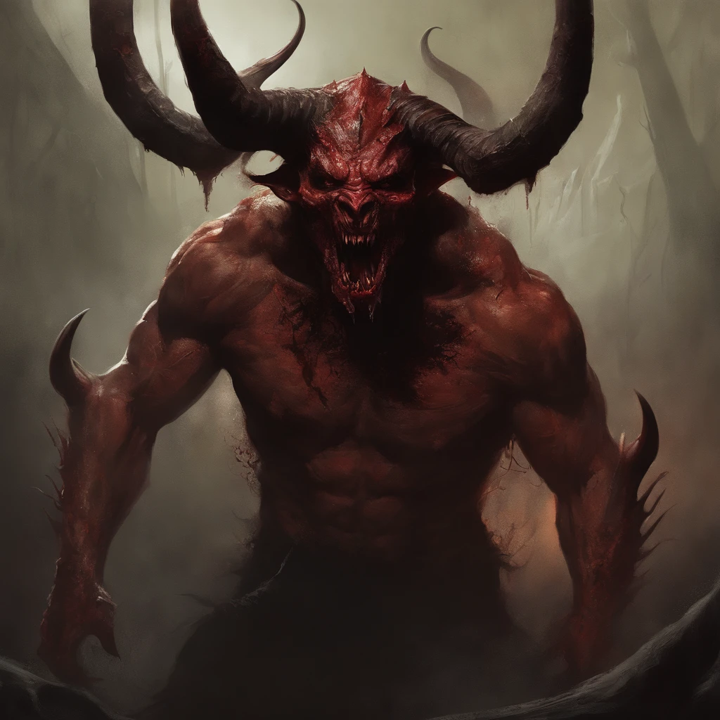 A painting of a horned devil man with a bloodied face and a bloodied head, grinning , carnage, Sci - Horror Art of Fiction, Science fiction horror artwork, inspired by Aleksi Briclot, satan de carnage, Horror fantasy art, par Aleksi Briclot, Horror concept art, venin, Art fantastique et horreur, Detailed illustration of 4K horror, Demonic creature, Dark Fantasy Horror Art