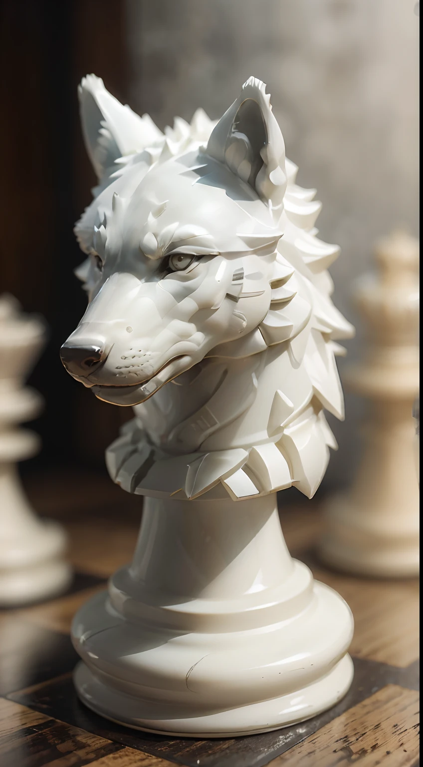 (masterpiece), best quality, (chsworld), (piece:1), wolf piece, cool, white piece, wood, cinematic, misteryous, chess piece, realistic, detailed, wallpaper, chess board,