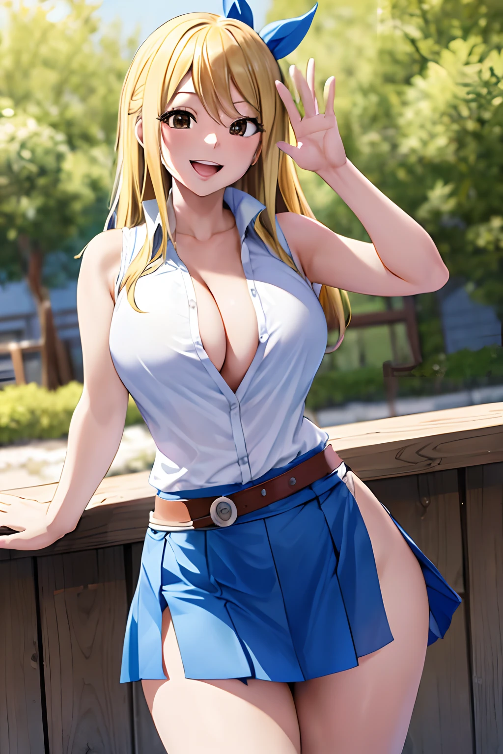 masterpiece, best quality, highres, lucy heartfilia, blonde hair, long hair, large breasts, white shirt, sleeveless, belt, blue skirt, cowboy shot, standing, looking at viewer, outdoors, waving, smile, open mouth,