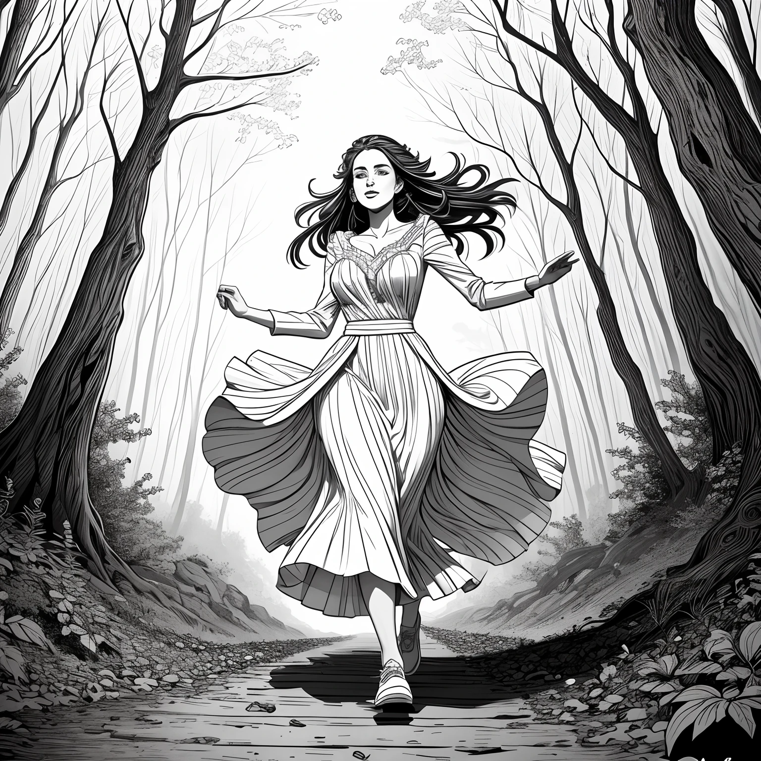 beautiful woman in a beautiful dress running in scary woods, in the style of a coloring page,  clean line art, clear line, clear details,  bold outline, beautiful face, beautiful features