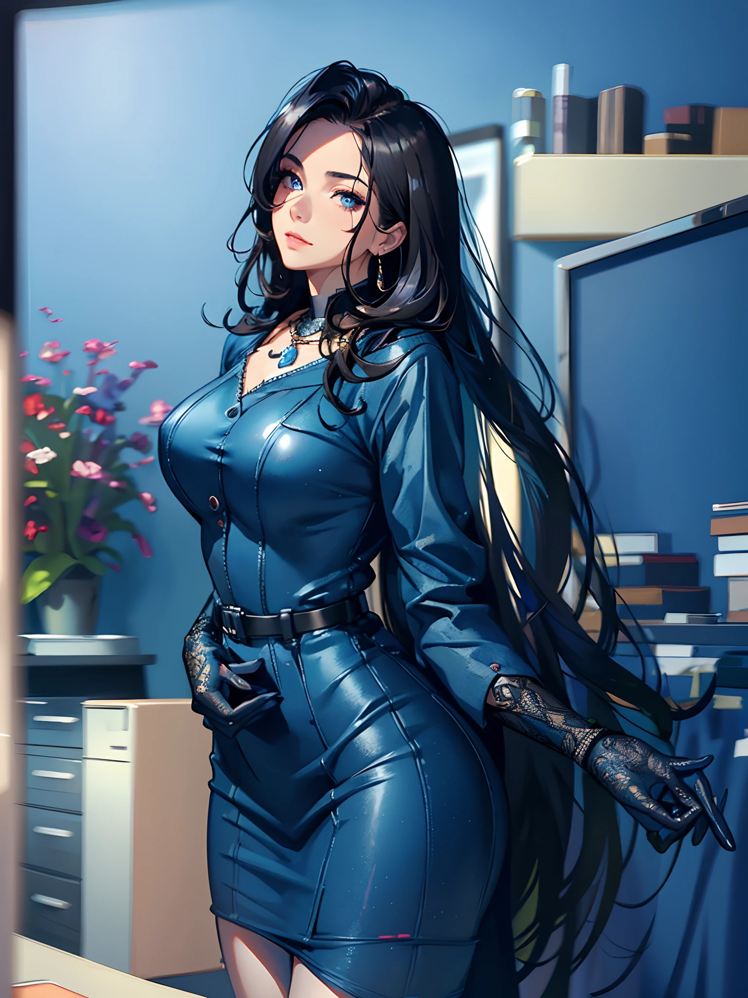 ((Masterpiece, best quality)))، (1girll)، ((mature female))), brown hair, halo, second leather upper (Skirts (office lady)), bangs, medium chest, (busty), Thin, Smile, Wide Hip, Desk, Standing, Arrow \(Blue Profile\),, masterpiece, best quality, (巨作)، (best-quality: 1.4)، (Very high accuracy: 1.2)، (extremely realistic: 1.4)، (realistic photo :1.2)