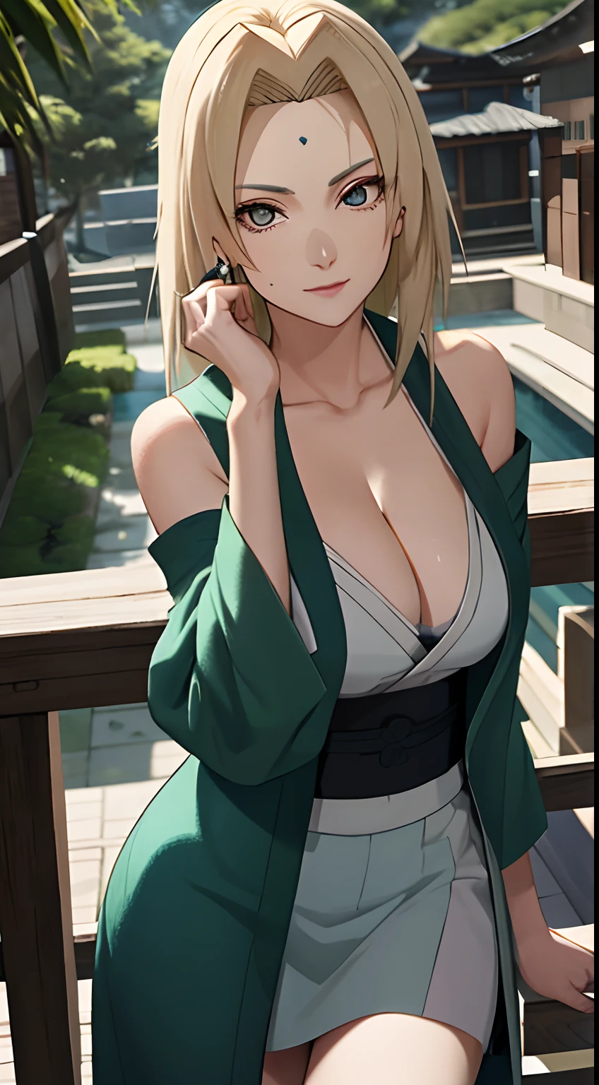 Tsunade Senju, Bela, obra prima, extremamente detalhado, melhor qualidade, best ilumination, melhor sombra, rosto perfeito, olhos castanhos brilhantes, marca azul na testa, usando um quimono cinza com um cinto vermelho e uma jaqueta verde, 1 girl, peitos grandes, bunda grande, inclinada pra frente olhando para o expectador, em konoha,