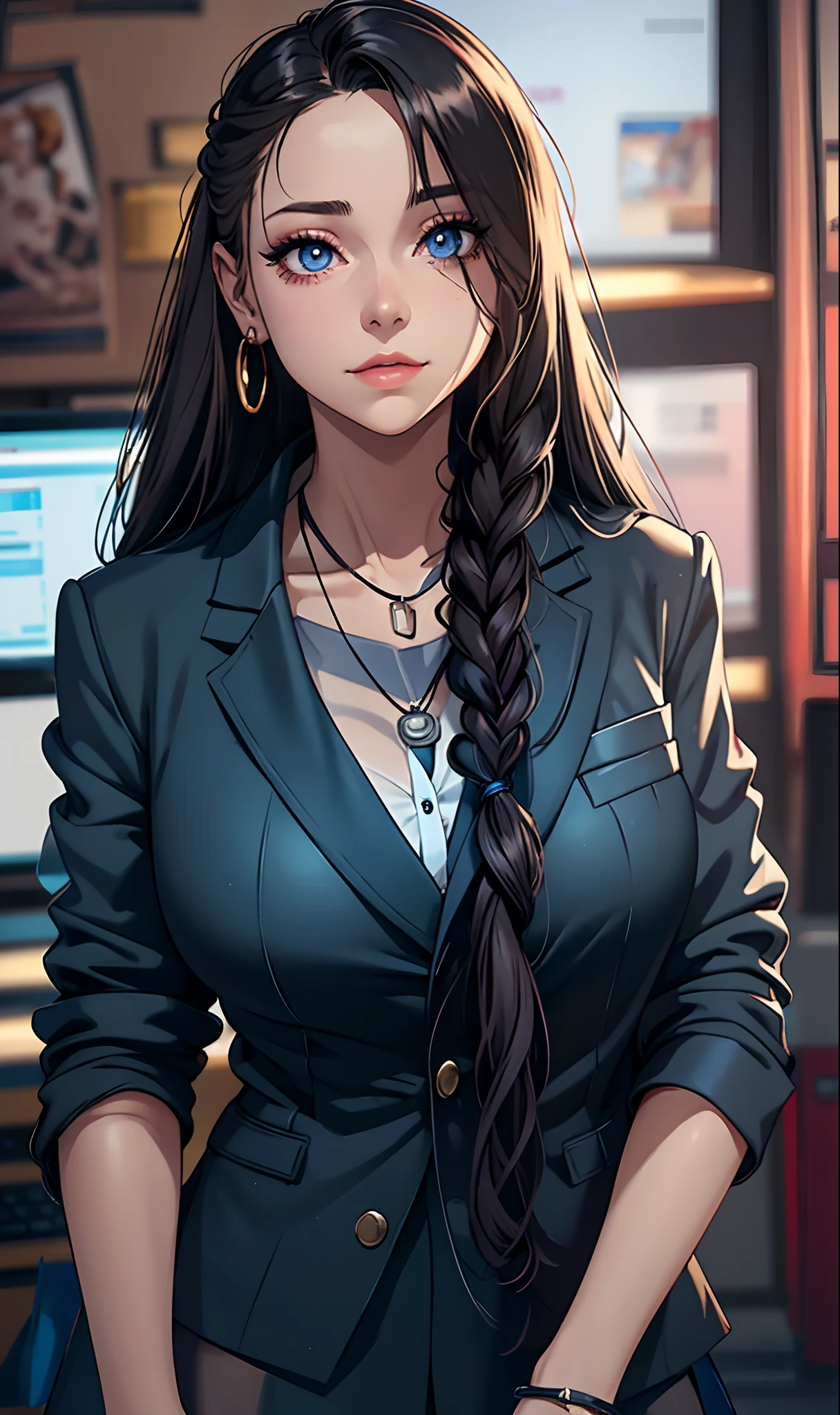 face portrait of 1girl, light long hair, wearing a secretary suit, in an office, (slightly smiling), closeup, (makeup), earring, necklace, detailed eyes, limbal ring, (masterpiece, best quality, high quality), hyperdetailed, highres, high detail, intricate detail, HDR, 8k wallpaper, sharp focus, detailed background, realistic, photorealistic, perfect hands, realistic eyes, detailed skin texture, (blush:0.5), (goosebumps:0.5), subsurface scattering