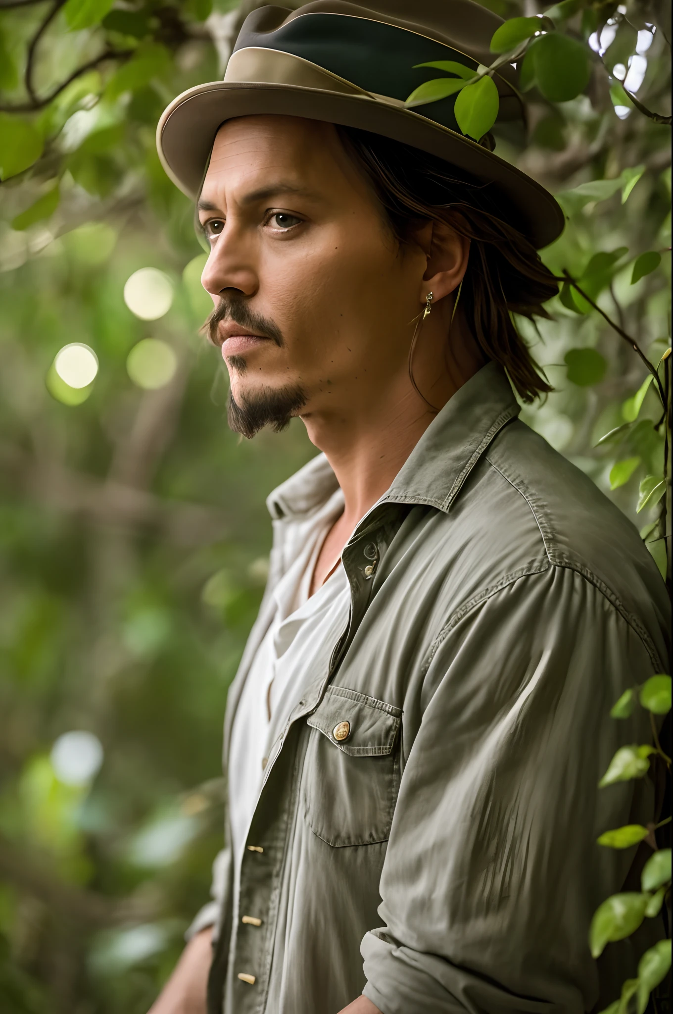 Masterpiece, Johnny Depp Walks Through the Jungle (Night of Fireflies), (High Detail: 1 1), Rough Face, Natural Skin, High Quality, NSFW, Beautiful Eyes, (Detailed Face and Eyes), (Face :1 2), noise, extra, real photo, PSD, light film photography, sharp focus, contrast lighting, detailed skin, high resolution 8k, crazy detail, realistic, professional photography, 8k UHD, DSLR, soft light , high quality, film grain, Fujifilm XT3