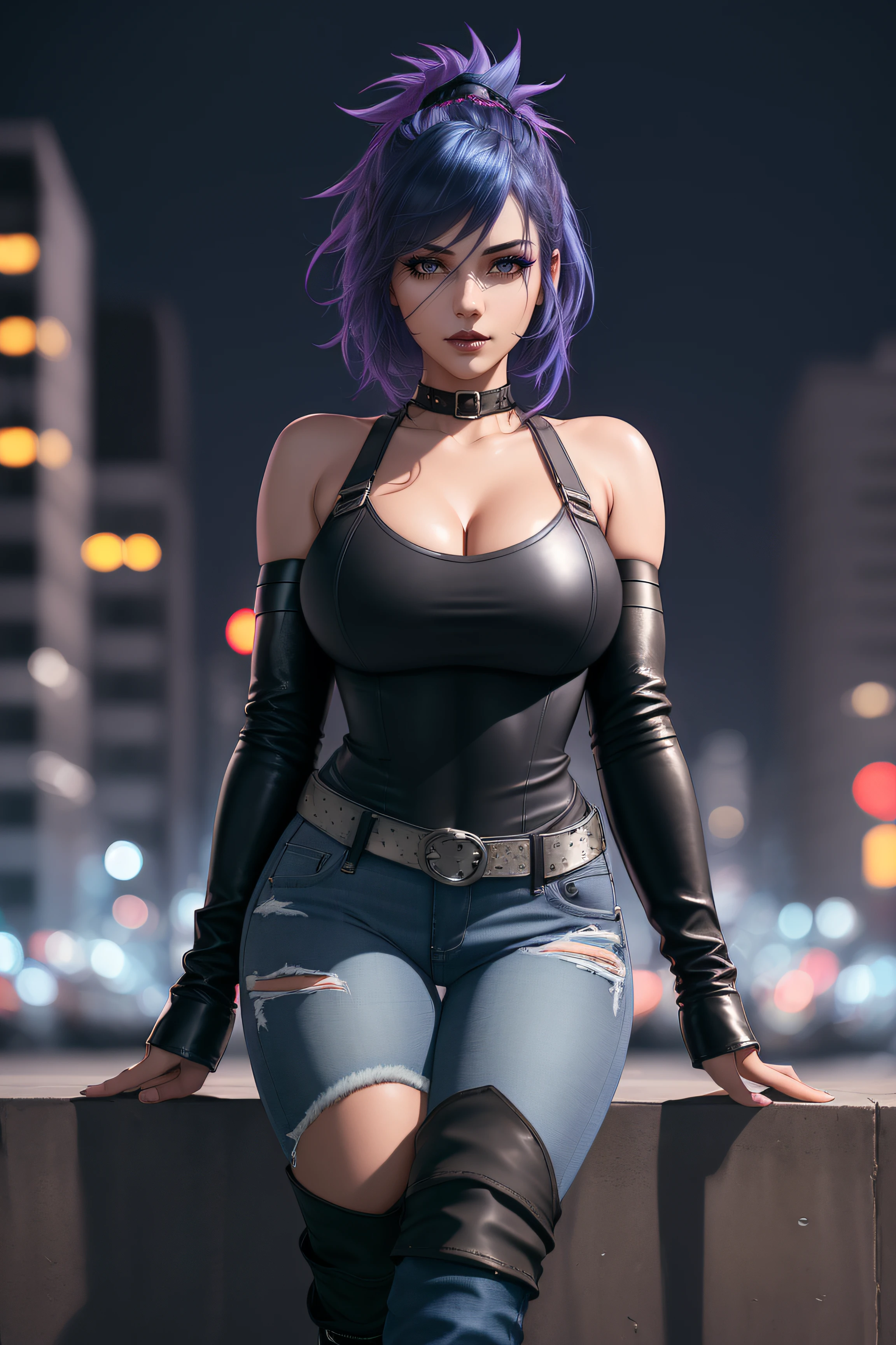 beautiful girl, full body, short bright blue dishevelled hair, black eyeshadow, (street style wear:1.2), ((tight fitted denim jeans)), ((knee high leather boots)), (deep cleavage), (dark city night background:1.2), dark makeup, digital art, trending on artstation, highly detailed, fine detail, intricate, beautiful detailed glow, detailed, Cinematic light, high-res, detailed facial features, sharp focus, smooth, aesthetic,