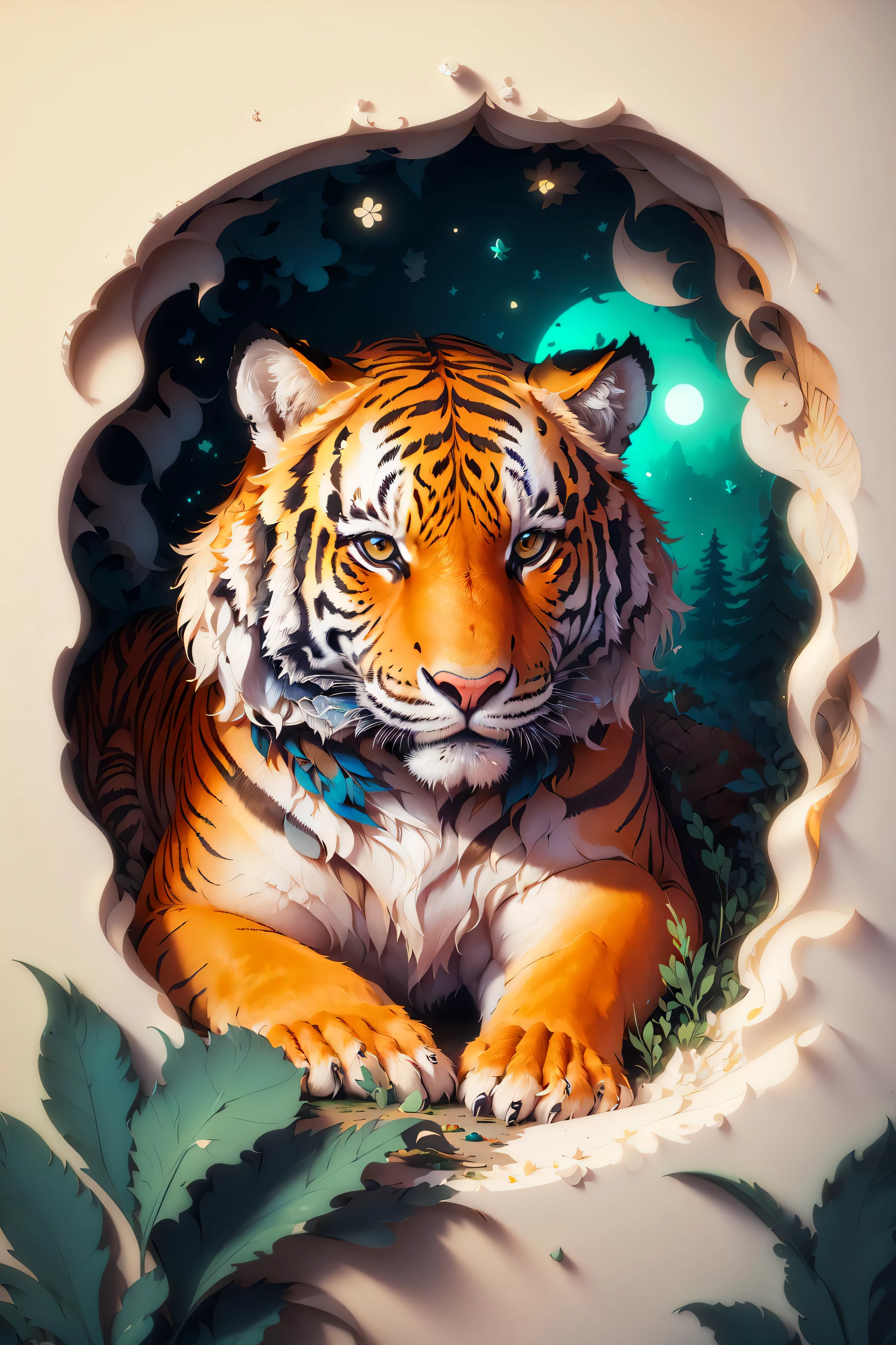 (((masterpiece))),bestquality,illustration,beautifuldetailedglow,
paper_cut, tiger,pines,stone,grass,tree