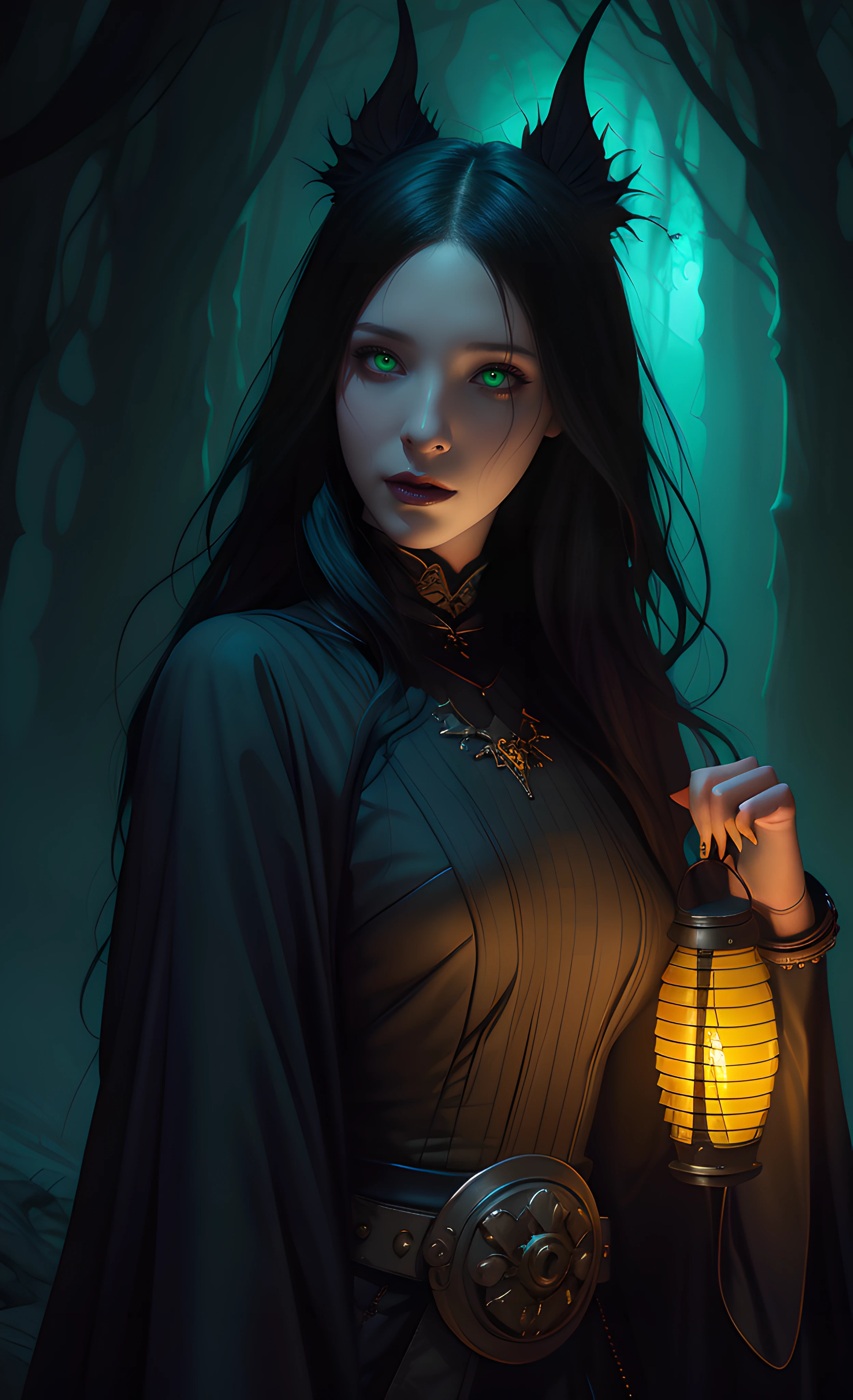 Arafed woman holding a lantern with a green light in her hand, dark fantasy style art, fantasy dark art, in style of dark fantasy art, dark fantasy art, Dark Fantasy Illustration, dark fantasy artwork, neoartcore and charlie bowater, dark fantasy mixed with realism, gothic fantasy art, fantasy art style, charlie bowater rich deep colors