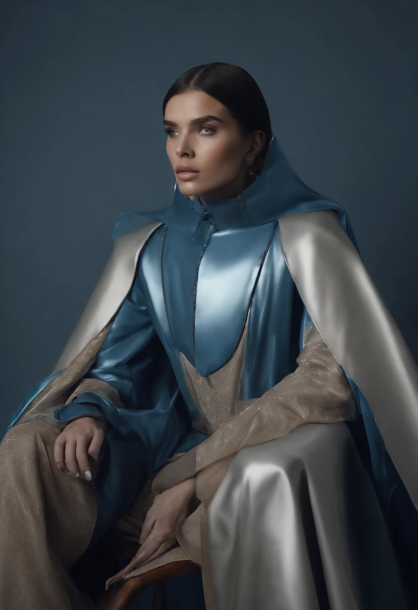 Generate a blue unisex garment with metallic tones that has a long cape, high neck, large futuristic style sleeves in the tailoring sector.