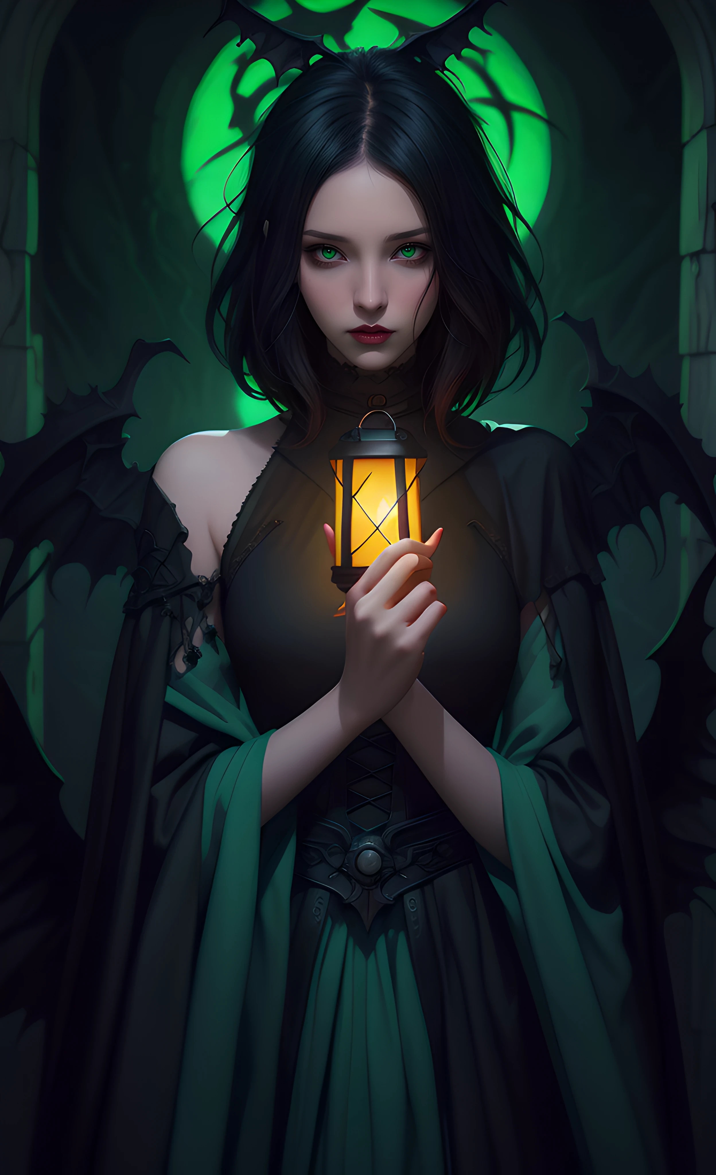 Arafed woman holding a lantern with a green light in her hand, dark fantasy style art, fantasy dark art, in style of dark fantasy art, dark fantasy art, Dark Fantasy Illustration, dark fantasy artwork, neoartcore and charlie bowater, dark fantasy mixed with realism, gothic fantasy art, fantasy art style, charlie bowater rich deep colors
