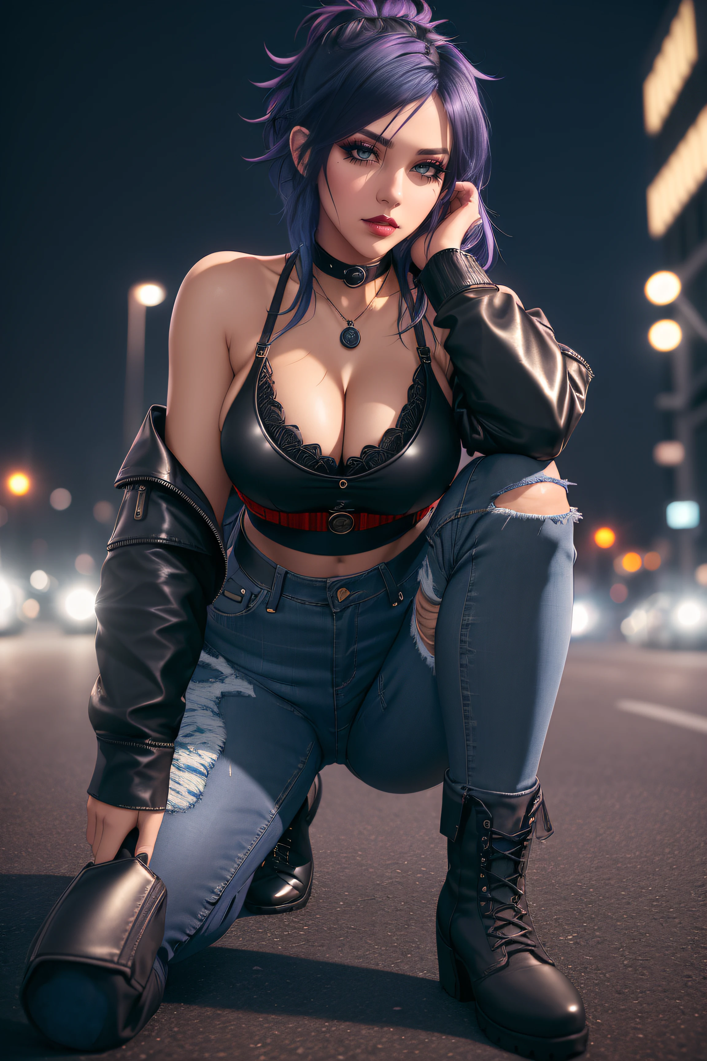 beautiful girl, full body, short bright blue dishevelled hair, black eyeshadow, (street style wear:1.2), ((tight fitted denim jeans)), ((knee high leather boots)), (deep cleavage), (extremely dark night-time city background:1.2), dark makeup, digital art, trending on artstation, highly detailed, fine detail, intricate, beautiful detailed glow, detailed, Cinematic light, high-res, detailed facial features, sharp focus, smooth, aesthetic,