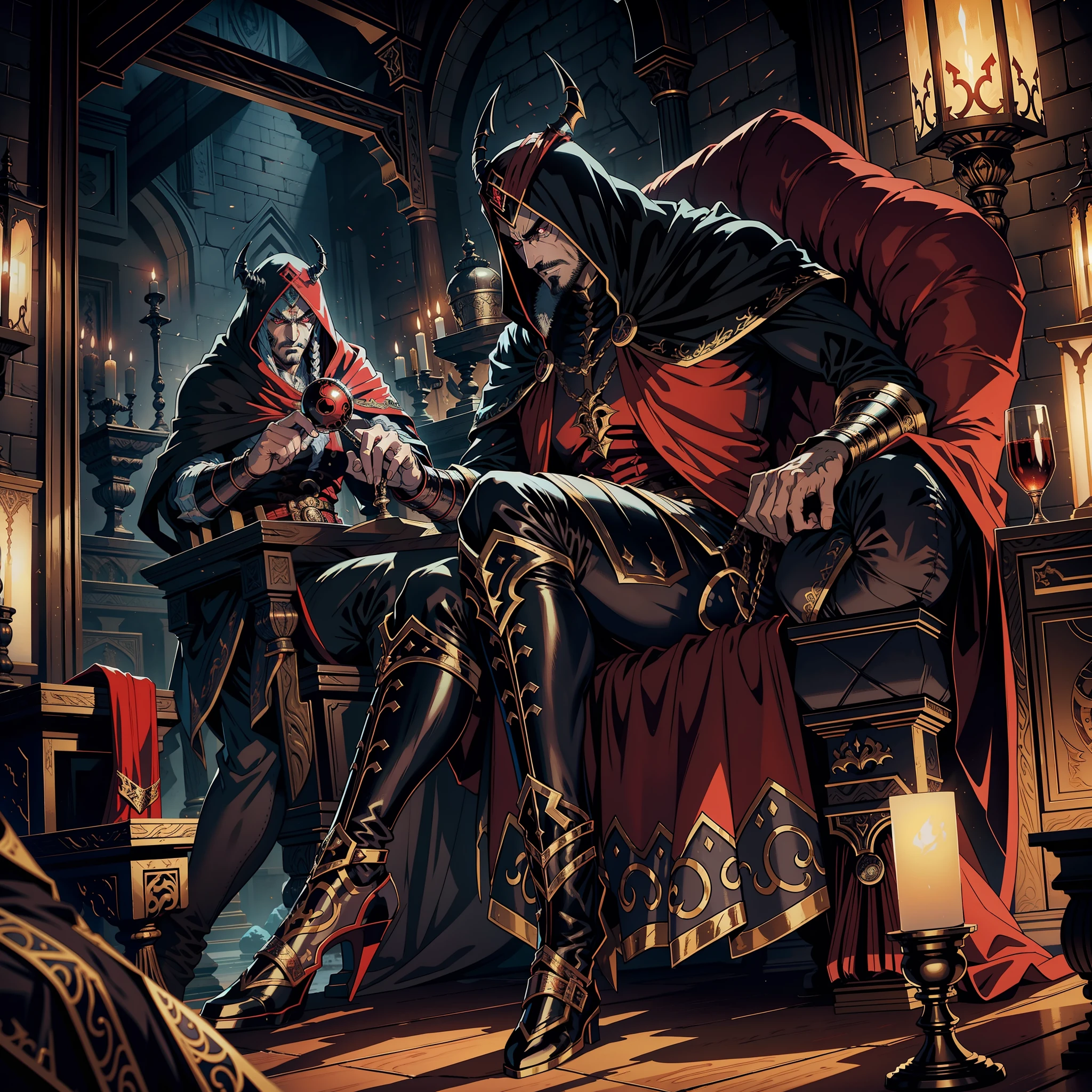 Castlevania Hyper Realistic Shadow Lord Super Detailed Dynamic Plan Master Piece of Lord Dracula Medieval Arab Warrior with Red Turban Scary Face Hokuto No Ken Structure Muscular Face Kenshiro Sitting in His Great Legendary Moroccan Throne Surrounded by Demons and Scary 3 Demons Talking from Ancient Reels Cinematic Scenes Epic Movie Hyper Realistic Movie Legendary Movie Epic Movie Epic Movie Epic Movie Epic Movie 3points perspective Environment View Large view 3D