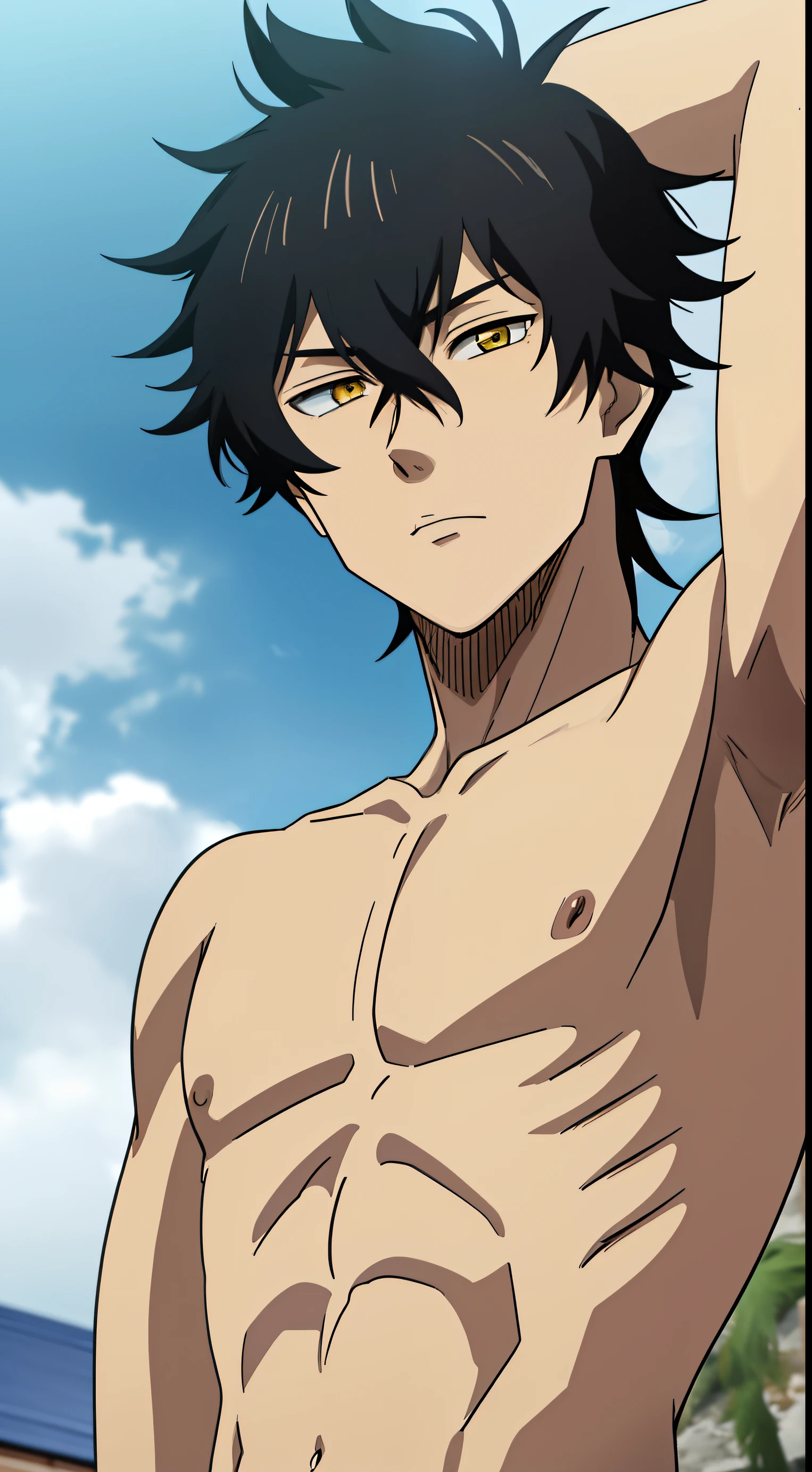 masterpiece, best quality, high quality, anime style, 1boy, boy, solo, male focus, cute face, adorable, looking at viewer, upper body, yuno, (shirtless, topless, bare chest), black hair, yellow eyes, hair between eyes, (armpit, show his armpit,)