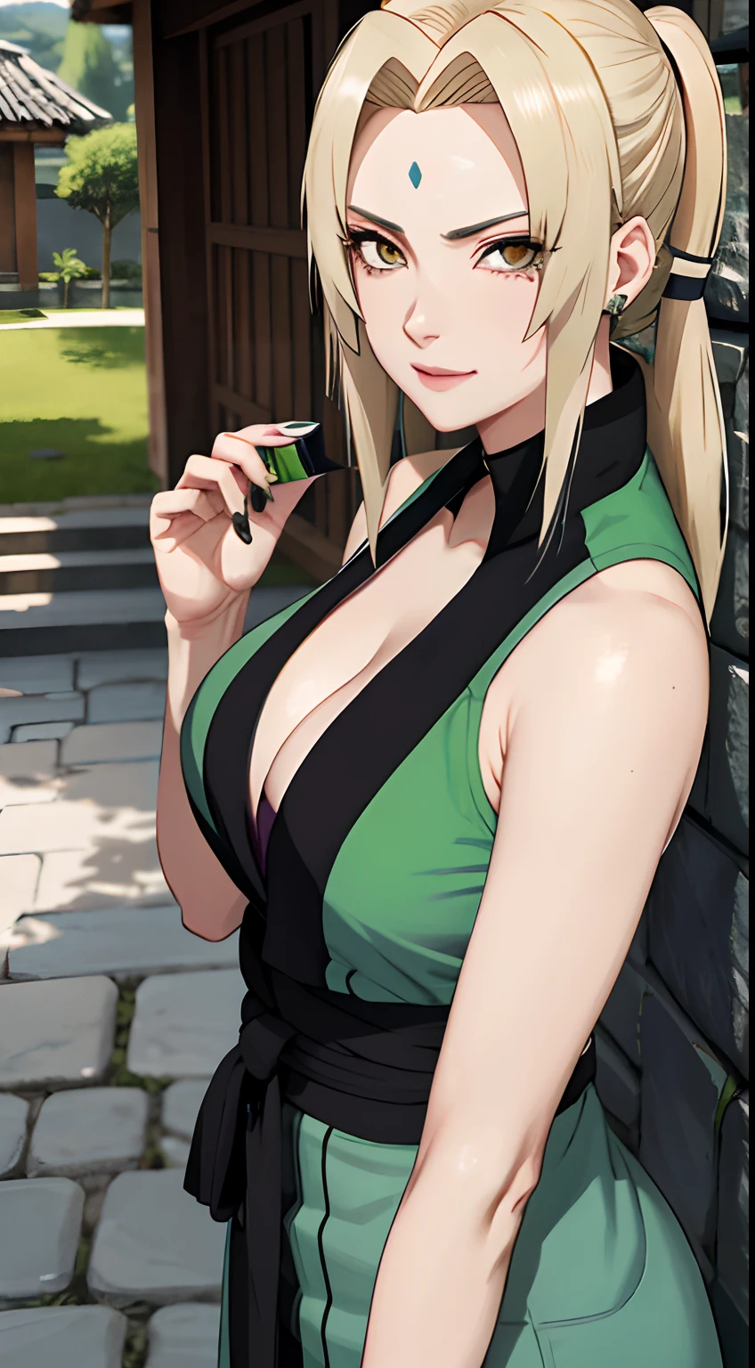 Tsunade Senju, Bela, obra prima, extremamente detalhado, melhor qualidade, best ilumination, melhor sombra, rosto perfeito, olhos castanhos brilhantes, marca azul na testa, usando um quimono cinza com um cinto vermelho e uma jaqueta verde, 1 girl, peitos grandes, bunda grande, inclinada pra frente olhando para o expectador, em konoha,