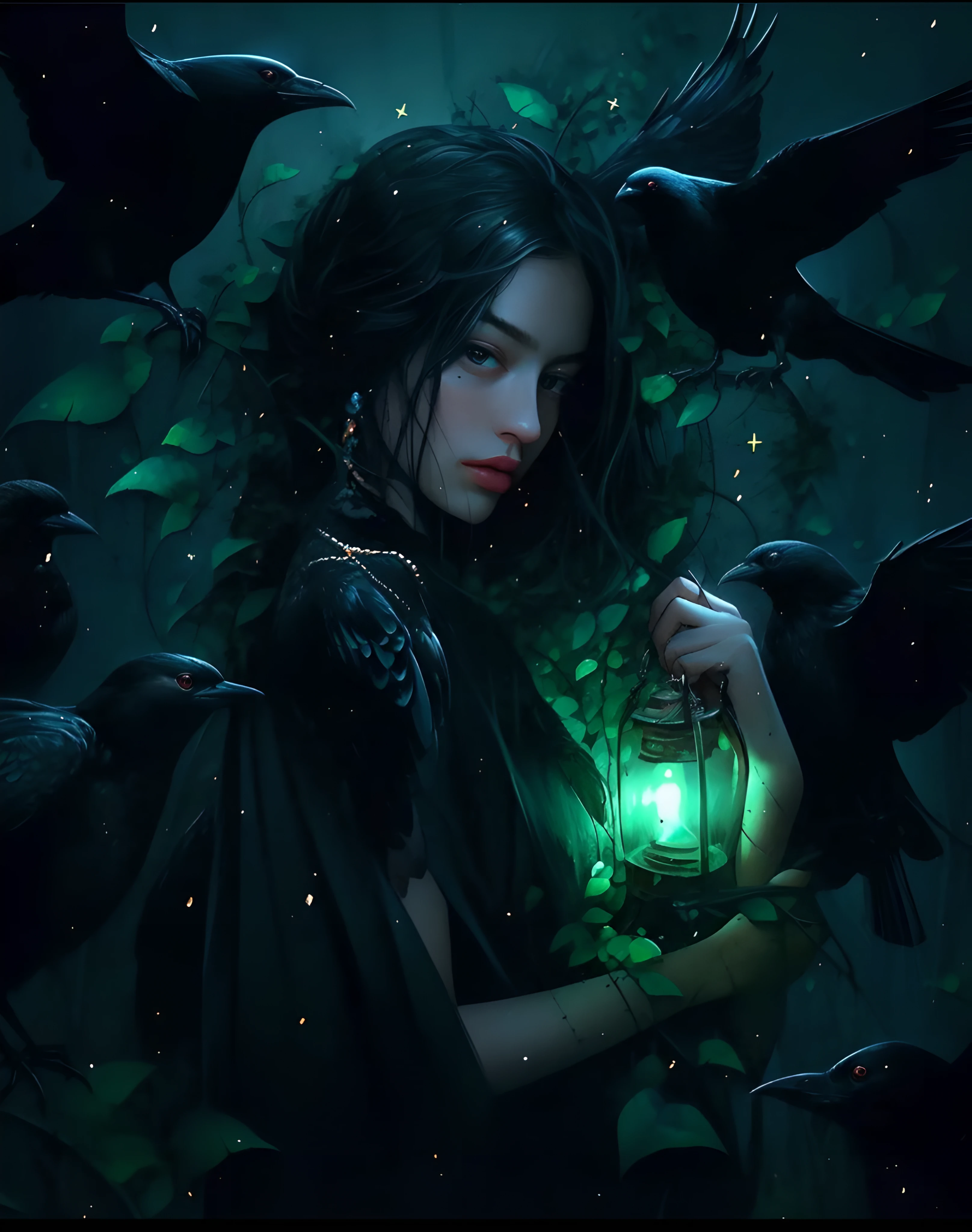 Arafed woman holding a lantern with a green light in her hand, dark fantasy style art, fantasy dark art, in style of dark fantasy art, dark fantasy art, Dark Fantasy Illustration, dark fantasy artwork, neoartcore and charlie bowater, dark fantasy mixed with realism, gothic fantasy art, fantasy art style, charlie bowater rich deep colors