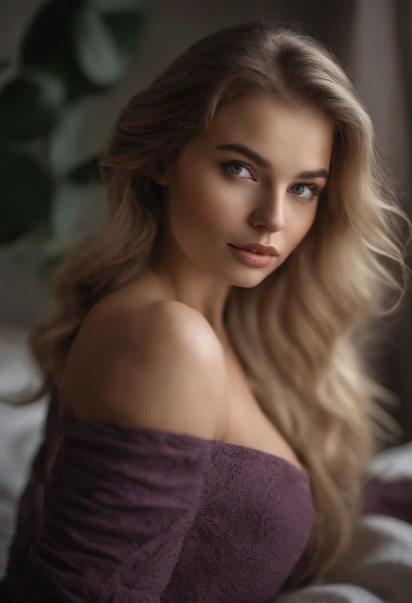 arafed woman fully , sexy girl with dark eyes, ultra realistic, meticulously detailed, portrait sophie mudd, straight blonde hair and big eyes, selfie of a young woman, bedroom eyes, violet myers, natural makeup, looking directly at the camera, face with artgram, subtle makeup, stunning full body shot kneeling on bed, in bedroom, medium to large size bust