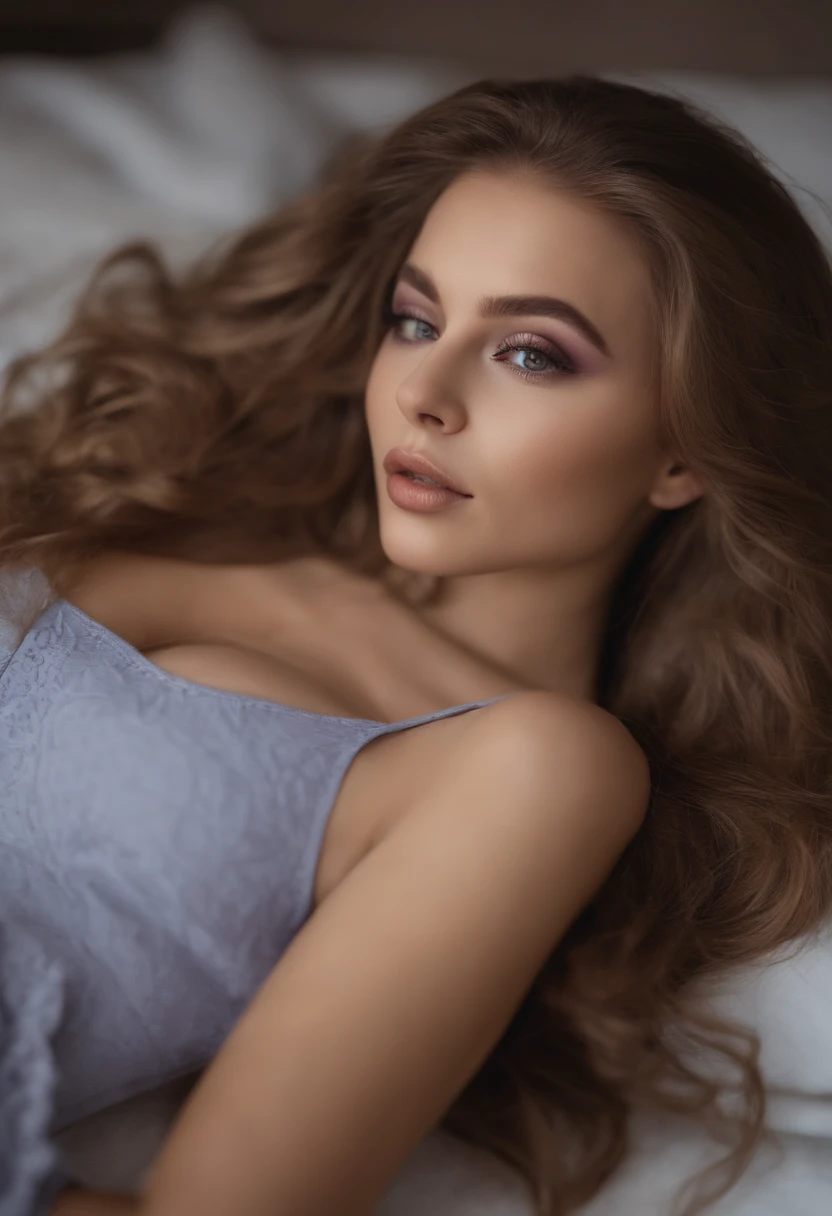 Arafed Women's Complete, Fille aux yeux bleus, , ultra realist, Meticulously detailed, Portrait de Sophie Mudd, cheveux blonds et grands yeux, selfie of a young woman, Yeux de chambre, Violet Myers, pas de maquillage, Maquillage naturel, Look directly into the camera, Soin du visage Artgrama, Maquillage subtil, Great photo of the whole body kneeling on the bed, Dans la chambre, Poitrine moyenne et grande, allow the face to be seen clearly, portrait