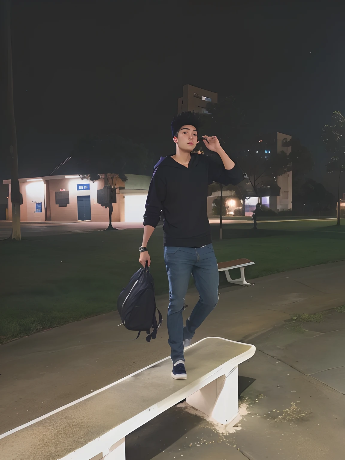 Arafed man walking on a bench in a park at night, em um parque, Parque JC, inspired by John Luke, wearing jeans and a black hoodie, standing on a skateboard, standing in a parking lot, standing in the streets, inspirado em Ryan Yee, Caminhando no Parque, em um estacionamento, na faculdade, outdoors at night, he is at college