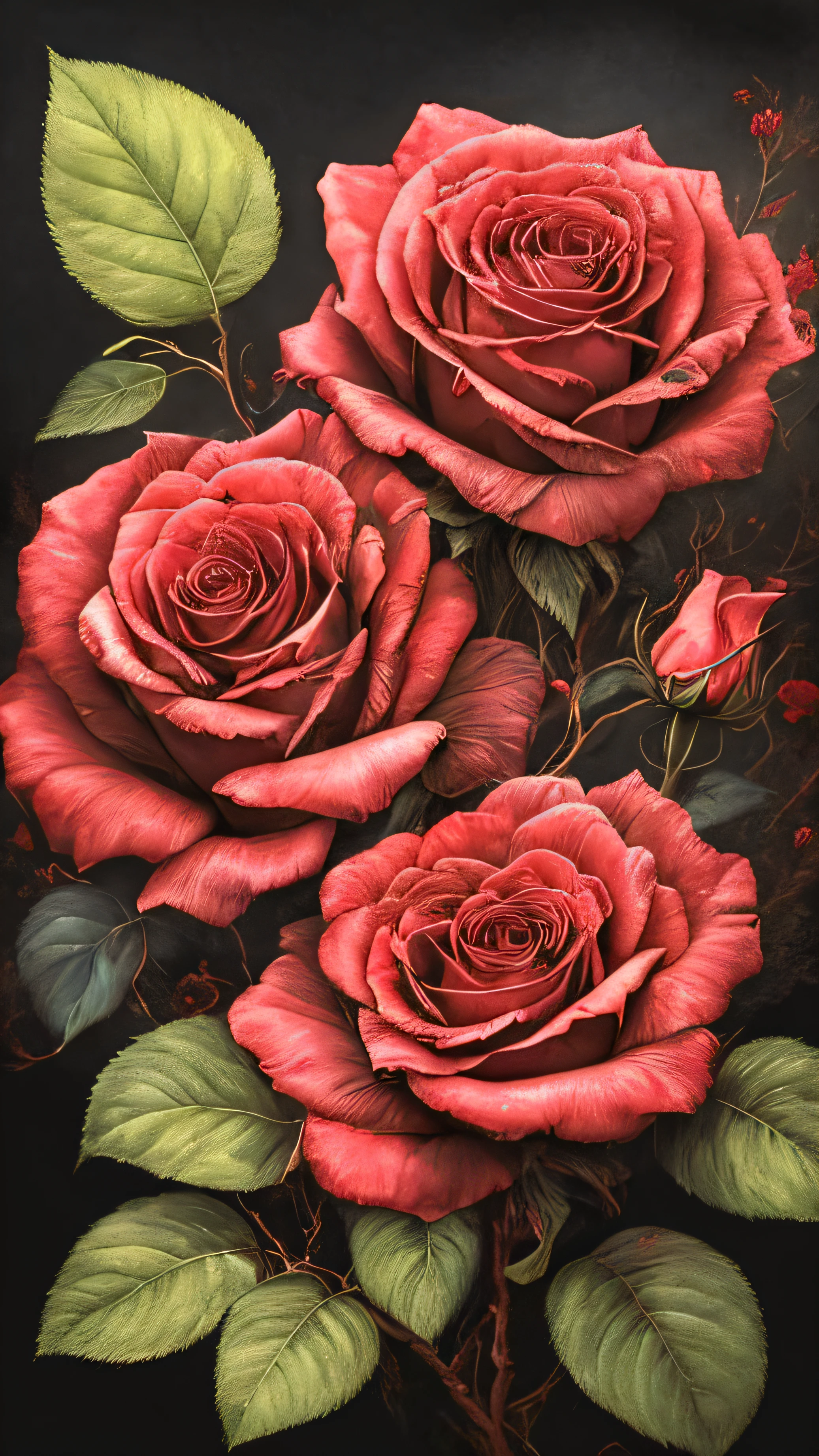 um close up de uma pintura de rosas em um fundo preto, rosas explodindo, she is the queen of black roses, Rosses, ✏️🎨, Roses, vibe de flores vermelhas celestiais, rosas vermelhas, escuro e intrincado, flores escuras, flores detalhadas, rosas neon vermelhas, 8k highly detailed ❤️🔥 🔥 💀 🤖 🚀