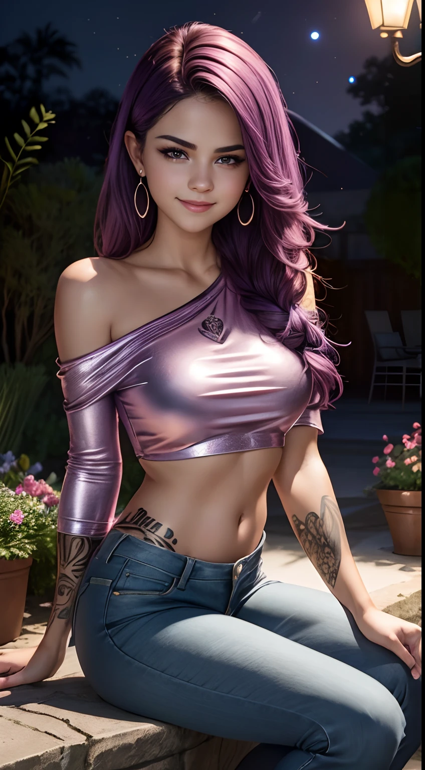 (Huge smiling 0.6), (open mouth:0.4), (wide open eyes:1.2) masterpiece,high quality,4k ,((selena Gomez:Emma Watson:0.8)), purple hair,bare shoulder,belly, heavy Tattoos on the belly and Arms, wearing metallic pink crop top with open transparent shirt, outdoor, red eyes,jeans,casual dress, sitting in a garden, very dim lights, night time photography ,((extremely detailed face))