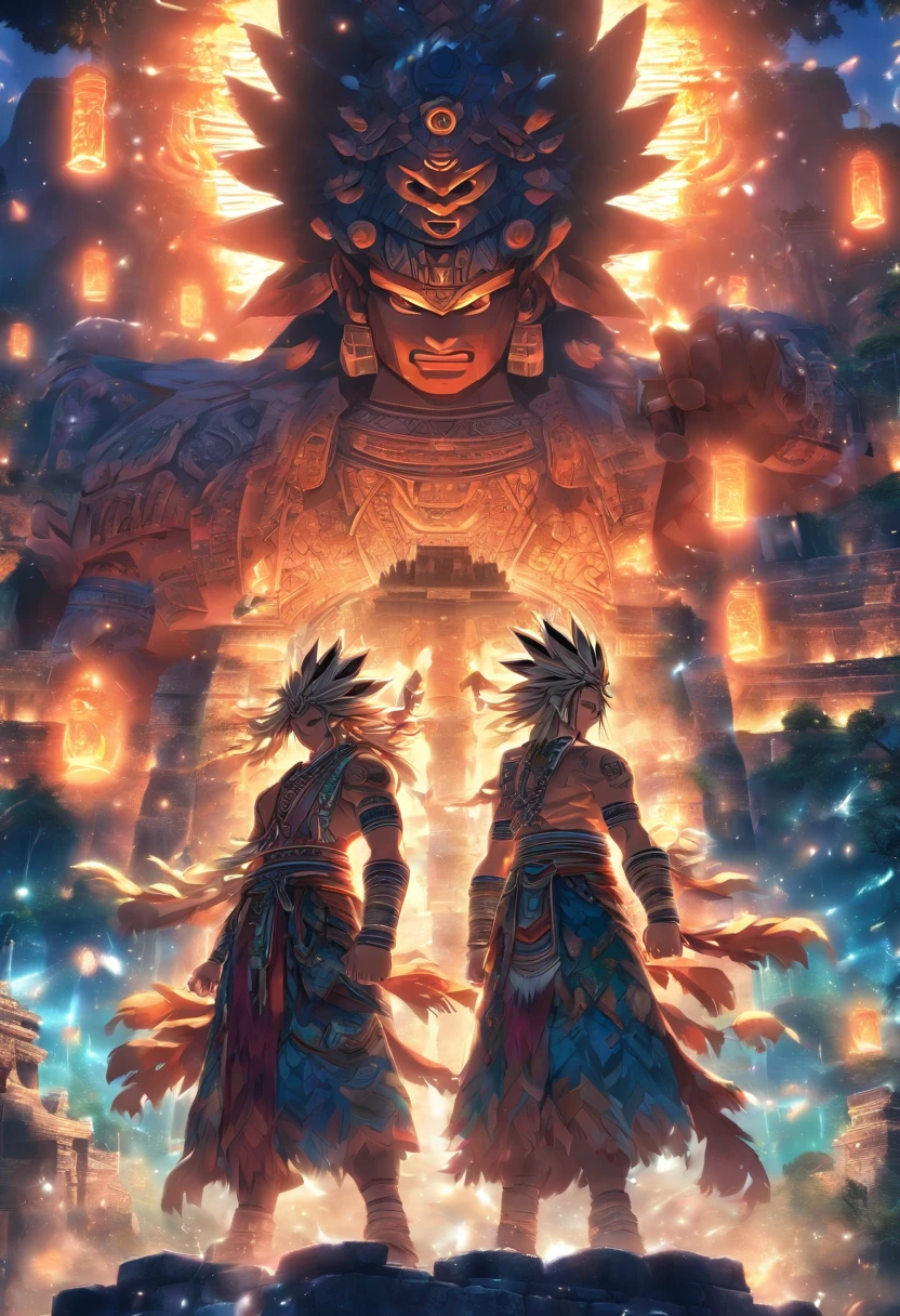 (((twin brothers))) best quality, very high resolution, detailed CG in 4K, masterpiece, Gemini, Mayan clothing, Mayan mythology, Mayan ruins, aesthetics, ((brothers)), Beautiful image, centered on the screen