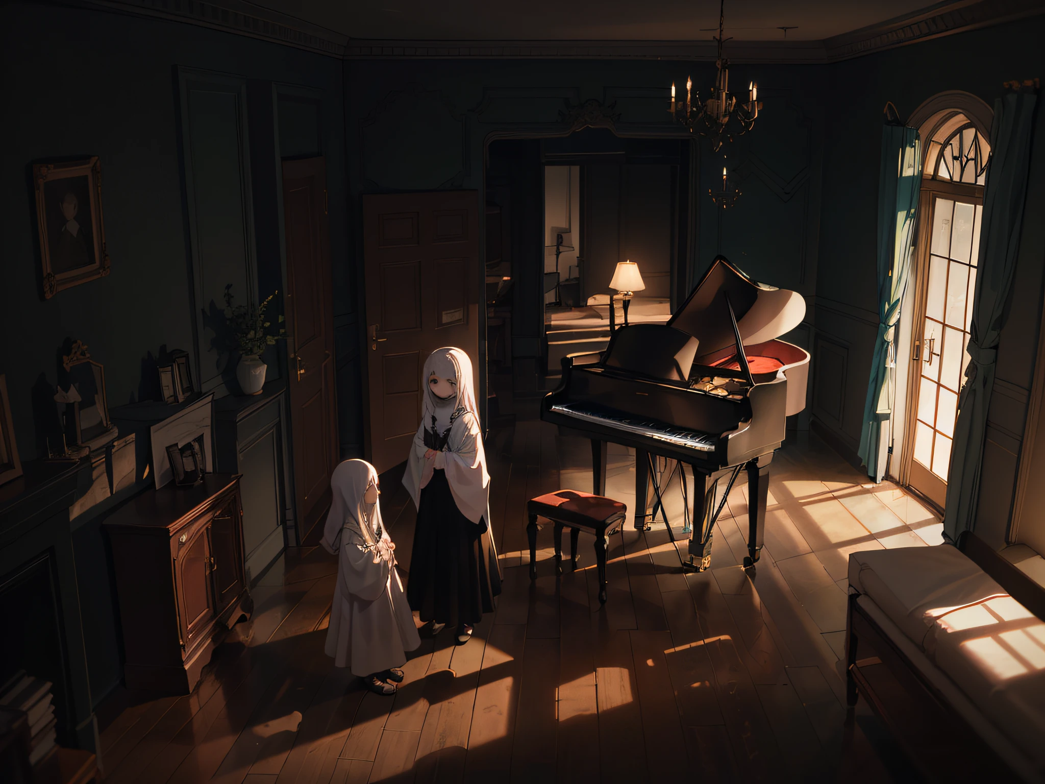 As they ventured deeper into the house, they heard a faint, eerie sound coming from upstairs. It was like a soft, melancholic song. The children followed the sound, and it led them to a room with a grand piano covered in a thick layer of dust. And there, sitting on a dusty stool, was a transparent figure with a gentle smile on its face. It was a ghost!