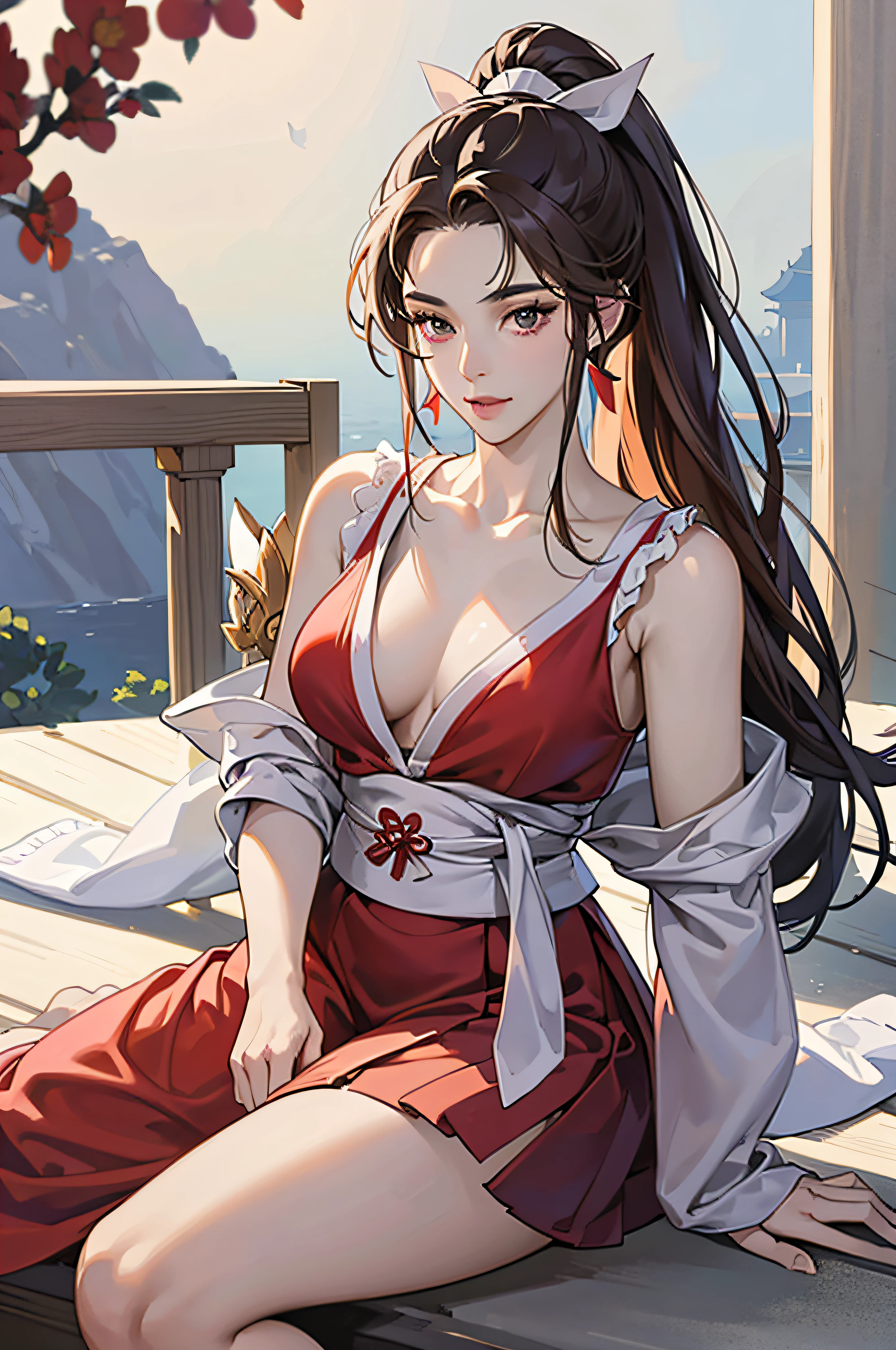 (Masterpiece:1.2, Best quality), (beautiful finely detailed eyes:1.2), (finely detailed eyes and detailed face:1.3), (Beautiful and clear background:1. 2), Mai Shiranui, red clothes, Ponytail, White ribbon at waist, sleeveless, pelvic drape, sash, drapery, Tabi, Temple background, sitting on the ground, sexy, Perfect anatomy, Cover image.