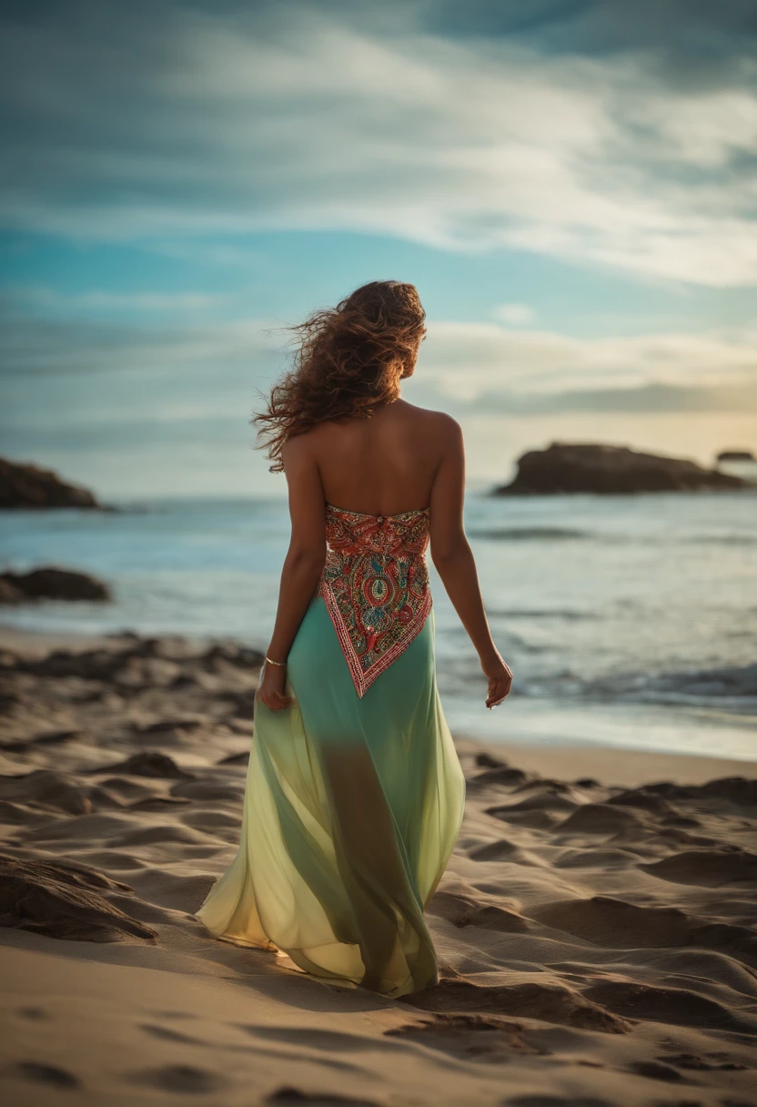 woman with short brown hair, fair skin, wearing a floral dress. She has her back looking at a metropolis with a beach.