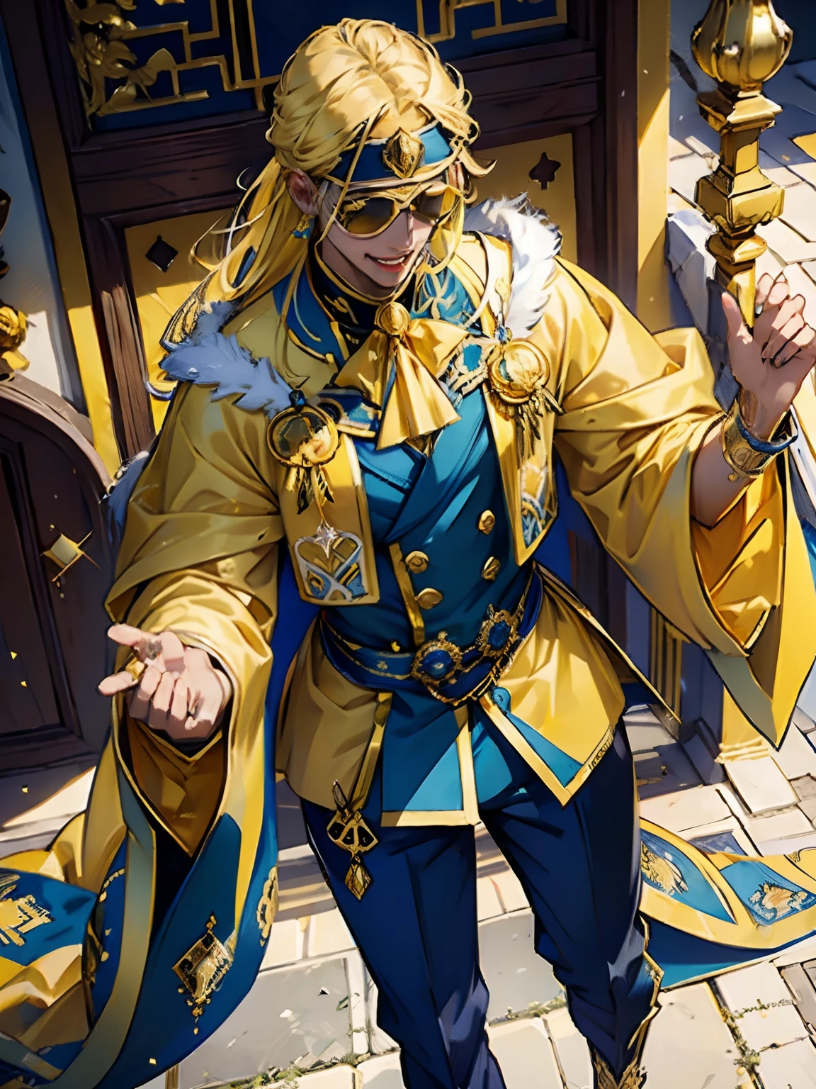 Exquisite graphics,Lunette de soleil,gold teeth,Yellow-blue robe,Yellow and blue,greet,Happy
