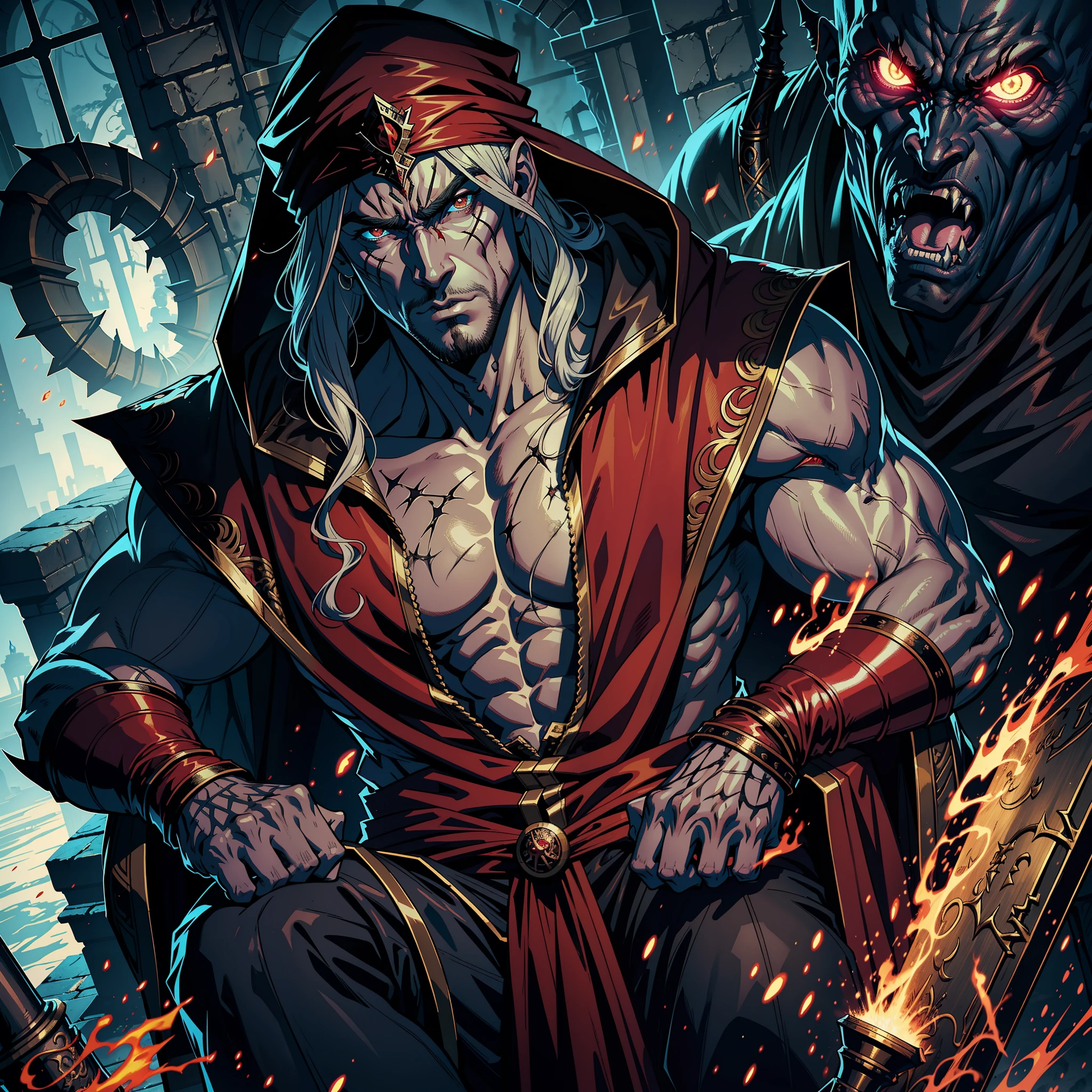 Castlevania Hyper Realistic Shadow Lord Super Detailed Dynamic Shot Master Piece of Lord Dracula Medieval Arab Warrior with Red Turban Scary Face Hokuto No Ken Structure Muscular Face Kenshiro sitting in his legendary Moroccan throne surrounded by demons and 3 scary demons Speaking of Ancient Rolls Cinematic Scenes Epic Movie Hyper Realistic Movie Legendary Movie Epic Movie Epic Movie Epic Movie Epic Movie Epic Movie Epic Movie 3points perspective Environment View magnified 3D