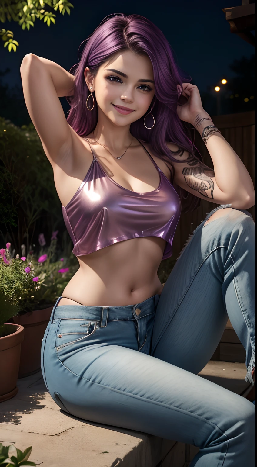 (Huge smiling 0.6), (open mouth:0.4), (wide open eyes:1.2) masterpiece,high quality,4k ,((selena Gomez:Emma Watson:0.8)), purple hair,bare shoulder,belly, heavy Tattoos on the belly and Arms, wearing metallic pink crop top with open transparent shirt, outdoor, red eyes,jeans,casual dress, sitting in a garden, very dim lights, night time photography ,((extremely detailed face))