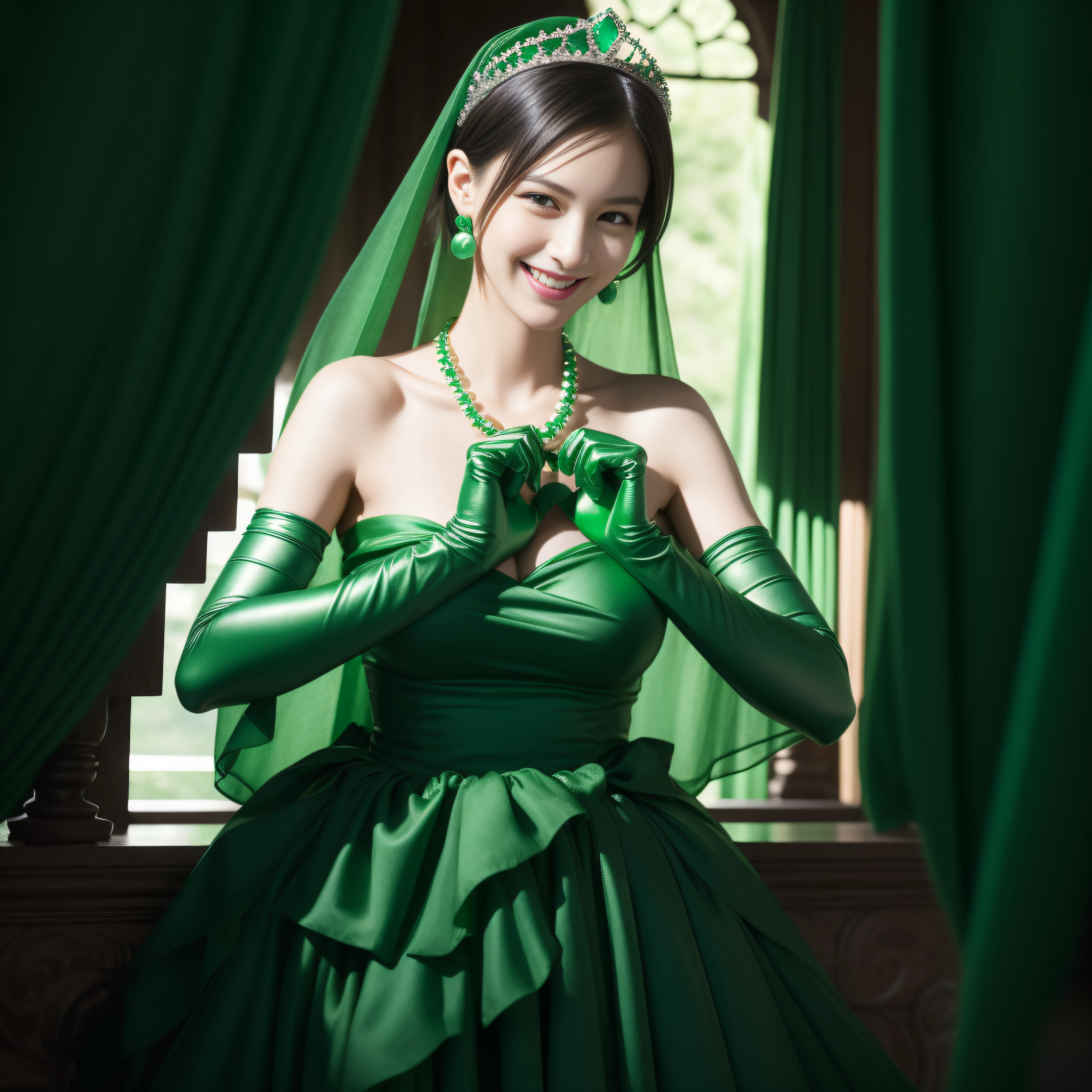 emerald tiara, Green Pearl Necklace, Boyish very short black hair, lipsticks, Japan woman smiling, very short short hair,  big breasts beautiful, Green eyes, Long green gloves made of satin material, Green eyes, Emerald Earrings, Day Church, Pregnancy