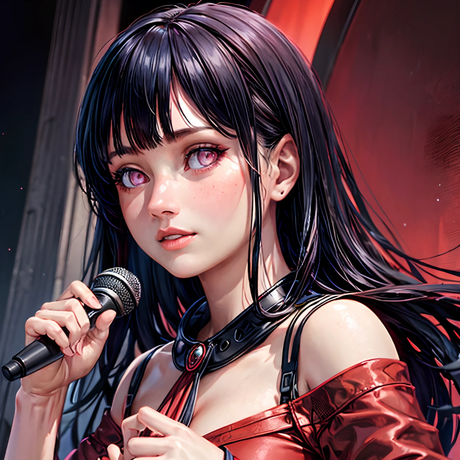 Close-up scene, front, girl1, holding a microphone in her hands, red evening dress, ultra-refinement, realistic details, detailed face, detailed eyes