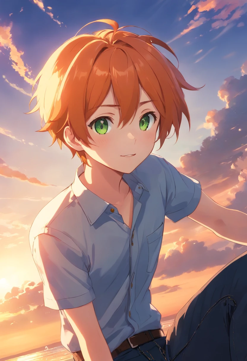 masterpiece, best quality, movie still, 1boy, short orange hair with ahoge, light skin, green eyes, light green short sleeve buttoned down shirt, black jeans, floating in the sky, close-up, bright, happy, warm soft lighting, sunset, (sparks:0.7)