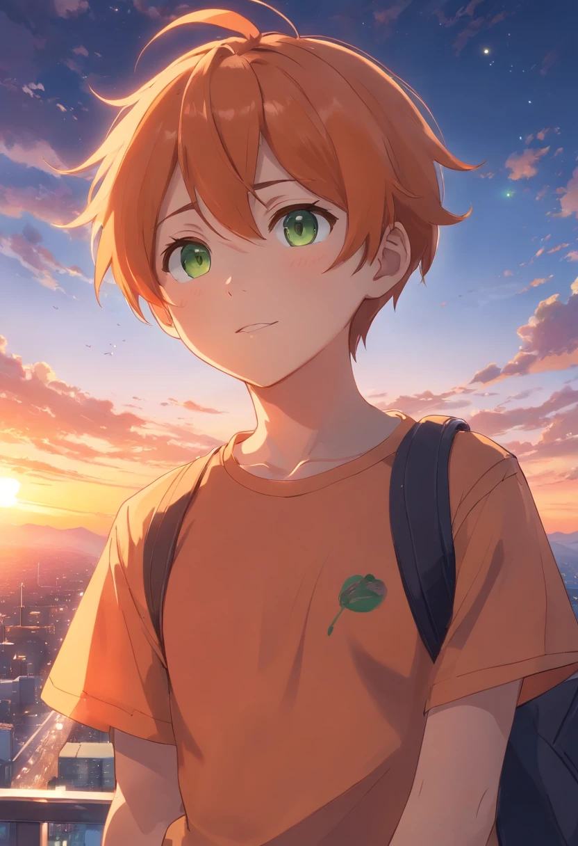 masterpiece, best quality, movie still, 1boy, short orange hair with ahoge, light skin, green eyes, light green short sleeve buttoned down shirt, black jeans, floating in the sky, close-up, bright, happy, warm soft lighting, sunset, (sparks:0.7)