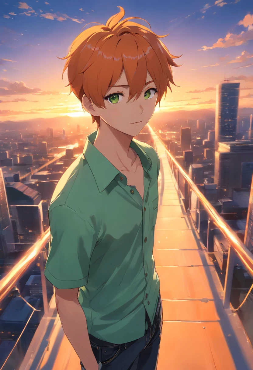 masterpiece, best quality, movie still, 1boy, short orange hair with ahoge, light skin, green eyes, light green short sleeve buttoned down shirt, black jeans, floating in the sky, close-up, bright, happy, warm soft lighting, sunset, (sparks:0.7)