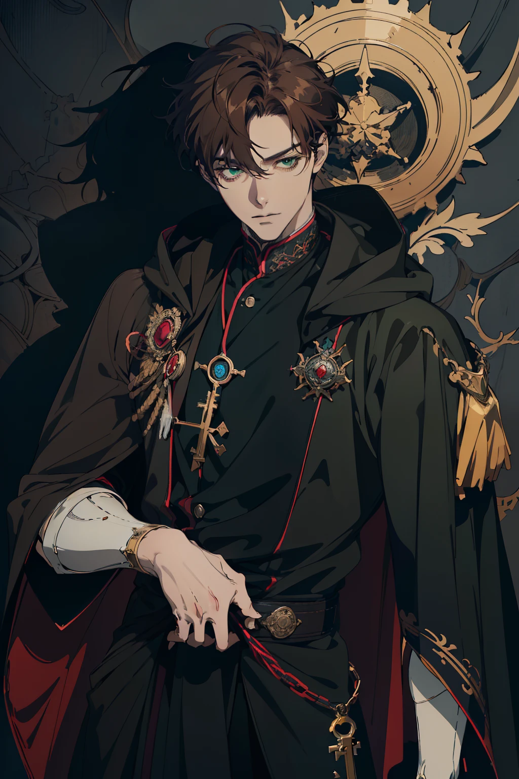 anime drawing of a man Regal , 2 d anime style, male anime style, male anime character, anime style character, delicate, in an anime style, he masterpiece, (absurdres:1.1), best quality, extremely delicate, (beautiful face:1.1), elegant, (great composition), realistic rendering, Dungeons and Dragons, Fantasy, octane rendering, zbrush. Character design, photorealistic, unreal mechanism, hyperdetailed, concept art, trend in art season. ((best quality)), ((masterpiece)), ((realistic)), (detail anime drawing of a man Regal , 2 d anime style, male anime style, (Absurdres, Intricate Details, Masterpiece, Best Quality, High Resolution, 8k), 1 male, masculine, young, aged up, dreadful, finely detailed eyes and face, dark red short mustache hair, hazel eyes, looking down, solo, (full body:0.6), detailed background, detailed face, ( dark fantasy theme: fog, dark atmosphere, , Depth of Field, VFX. (absurdres, highres, ultra detailed vector shaded anime, full detailed beautiful masterpiece, (absurdres:1.1), best quality, extremely delicate, Victorian era badass anime drawing of a man Regal a close up dark cloak cape hood up Victorian era primary colors Black red white beautiful uniform androgynous prince, delicate androgynous prince, handsome guy in demon slayer art, anime key visual of elegant, handsome prince, tall anime guy with blue eyes, inspired by Okumura Masanobu, anime handsome man, male anime character, anime portrait of a handsome man, key anime art full body shot brown hair Green eyes solider cold look intimidating mature young regal knight FAKE RIGHT ARM PROSTHETIC